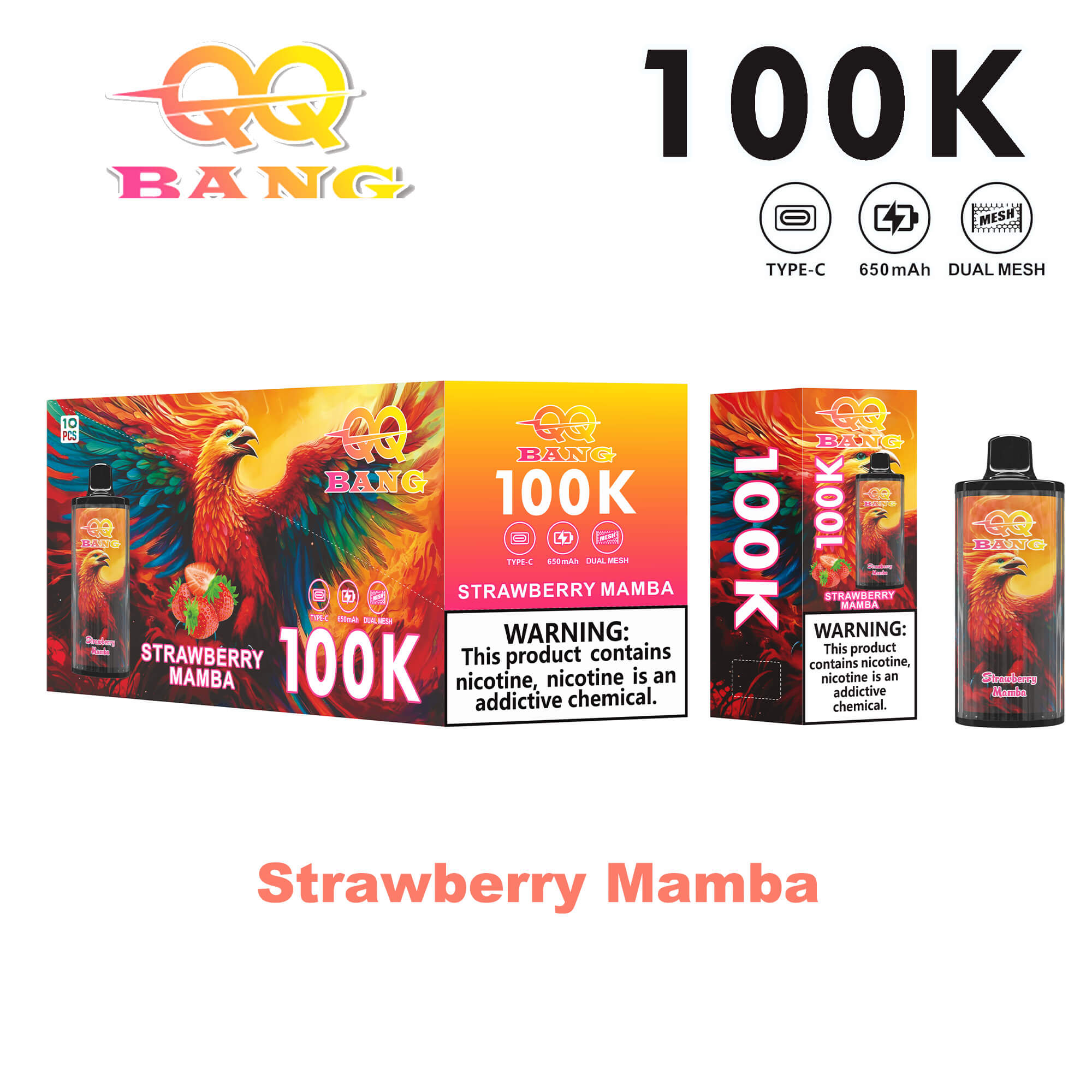 Strawberry Mamba 100K vape kit box and bottle with colorful phoenix artwork, “100K” label, and warning text on the packaging.