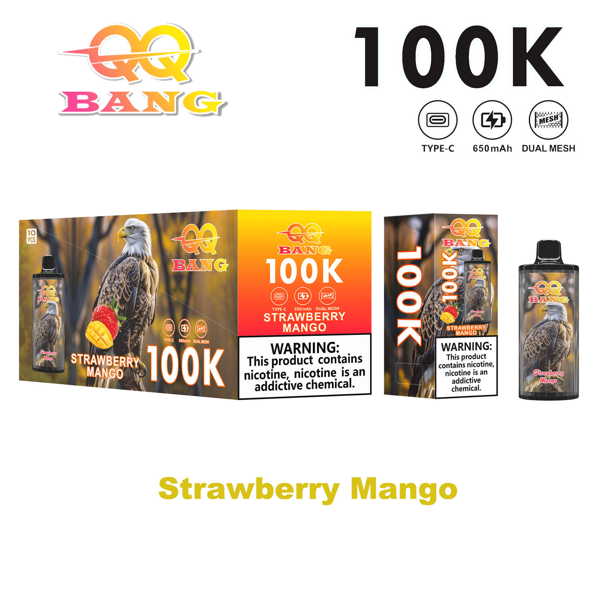 Strawberry Mango 100K Bang vape box and bottle set with a hawk and colorful gradient packaging, bold 100K label, and warning text.
