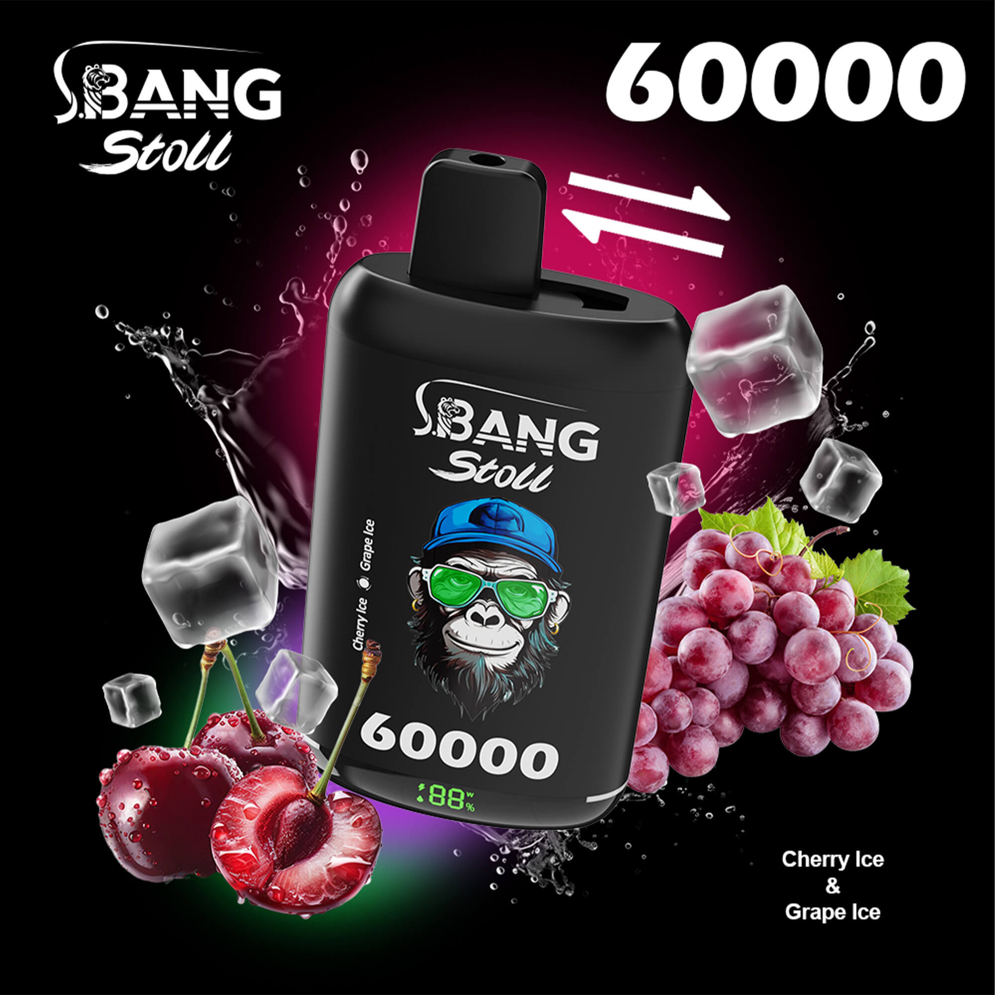 A black energy drink bottle labeled Bang Stoli 60000 surrounded by cherries, grapes, ice cubes, and splash effects with a pink and green glow.
