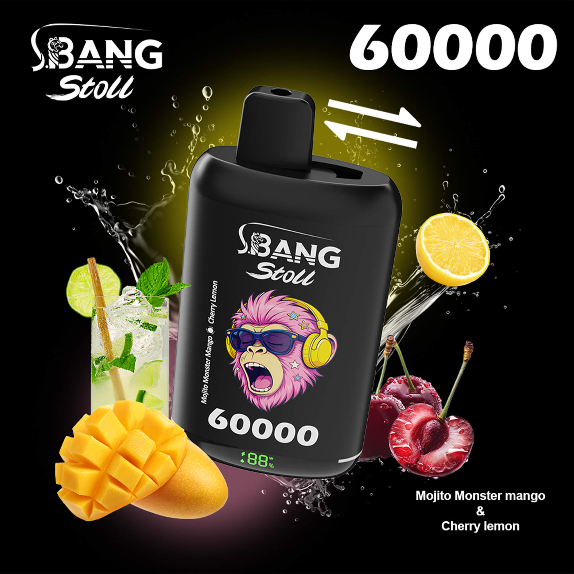 Mysterious black bottle labeled Bang Stoli with bold white “60000” text, surrounded by splash effects and tropical fruits like mango, cherry, lemon, mint, and a crushed ice drink; flavor appears to be Mojito Monster mango & cherry lemon.