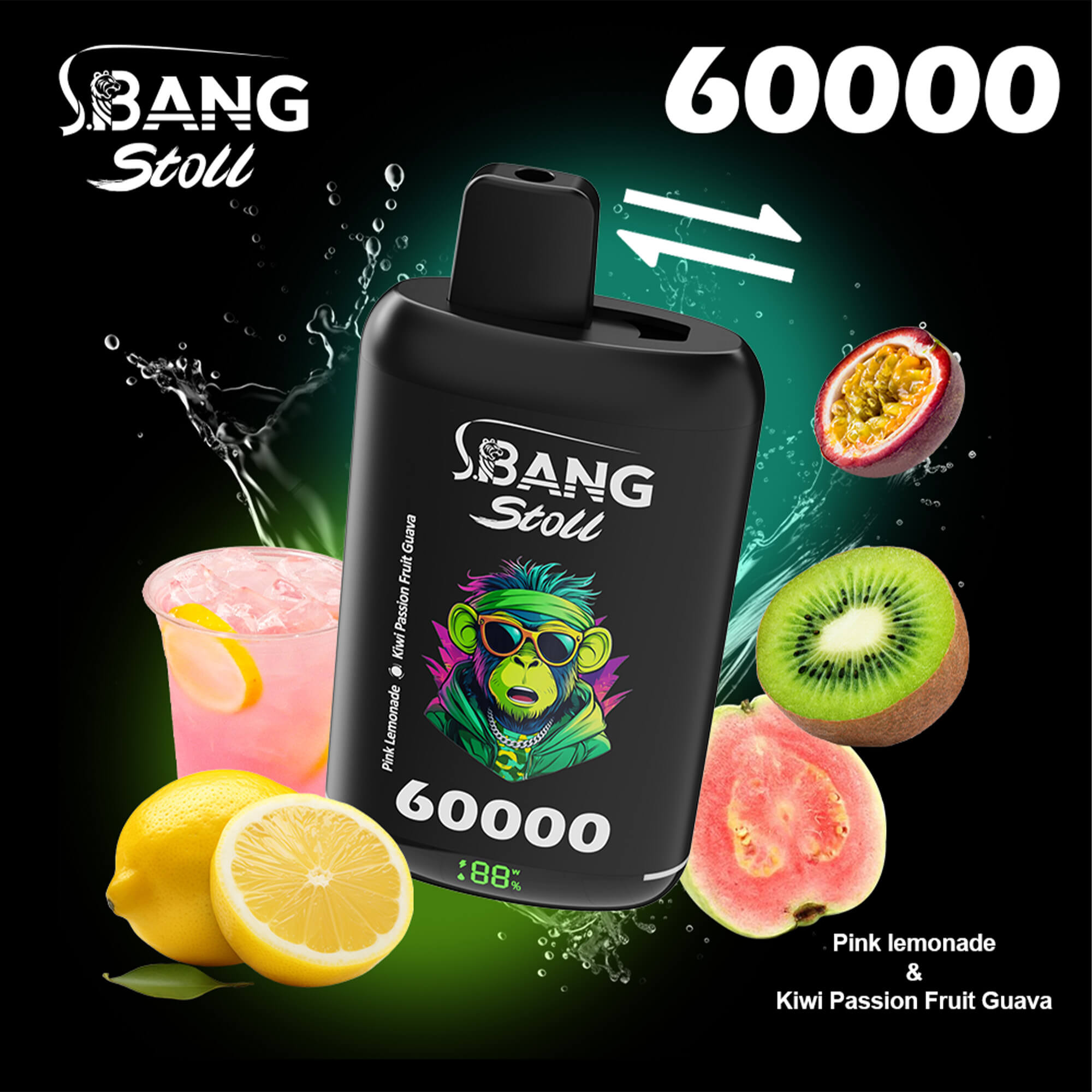 A black bottle labeled Bang Stori with a colorful, demon-like face on the front, surrounded by kiwifruit, lemon, pink lemonade and guava fruits; bold “60000” text in white at top right.