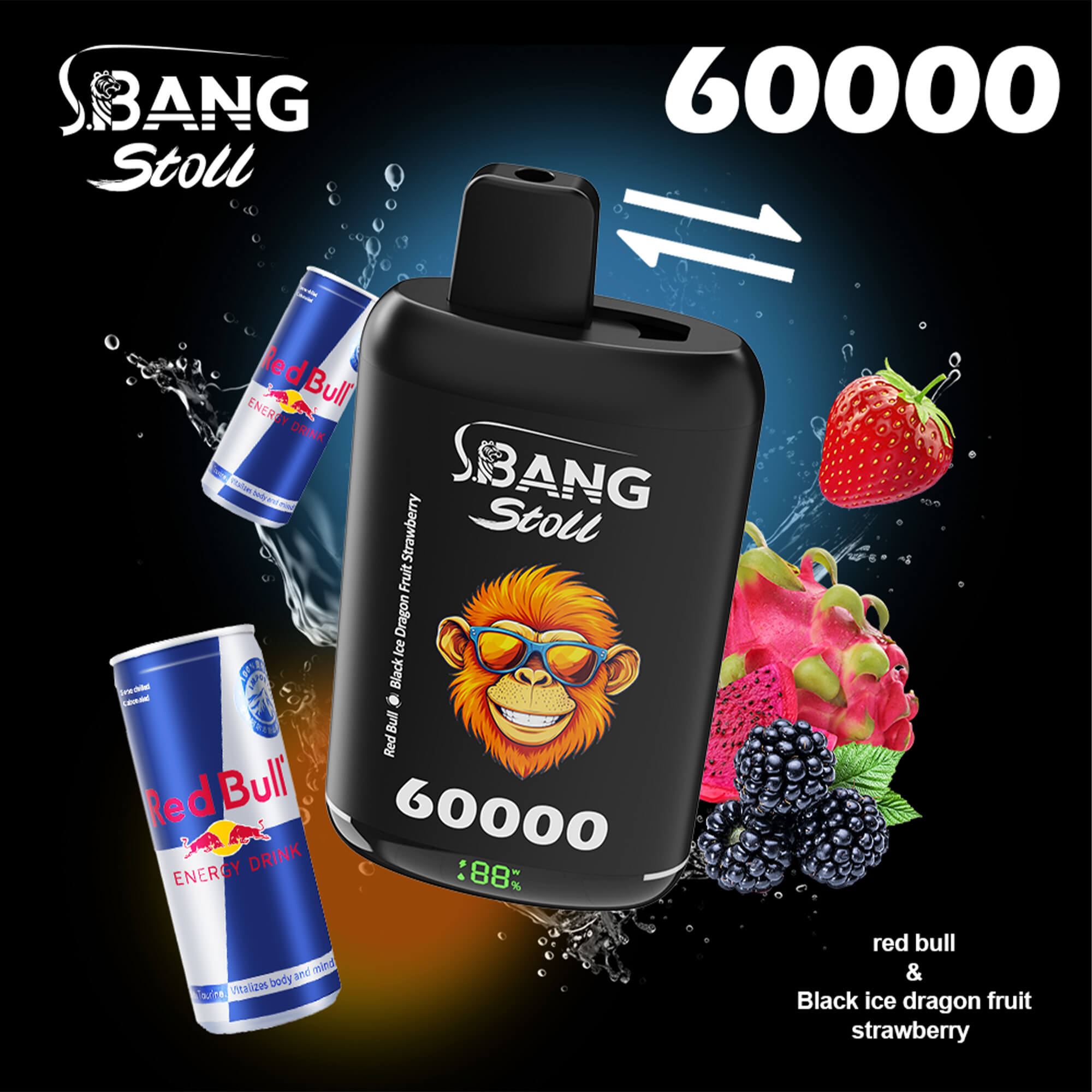 A black device labeled 60000 with a logo, surrounded by strawberries, blackberries, dragon fruit and Red Bull cans, against a dark splash background.