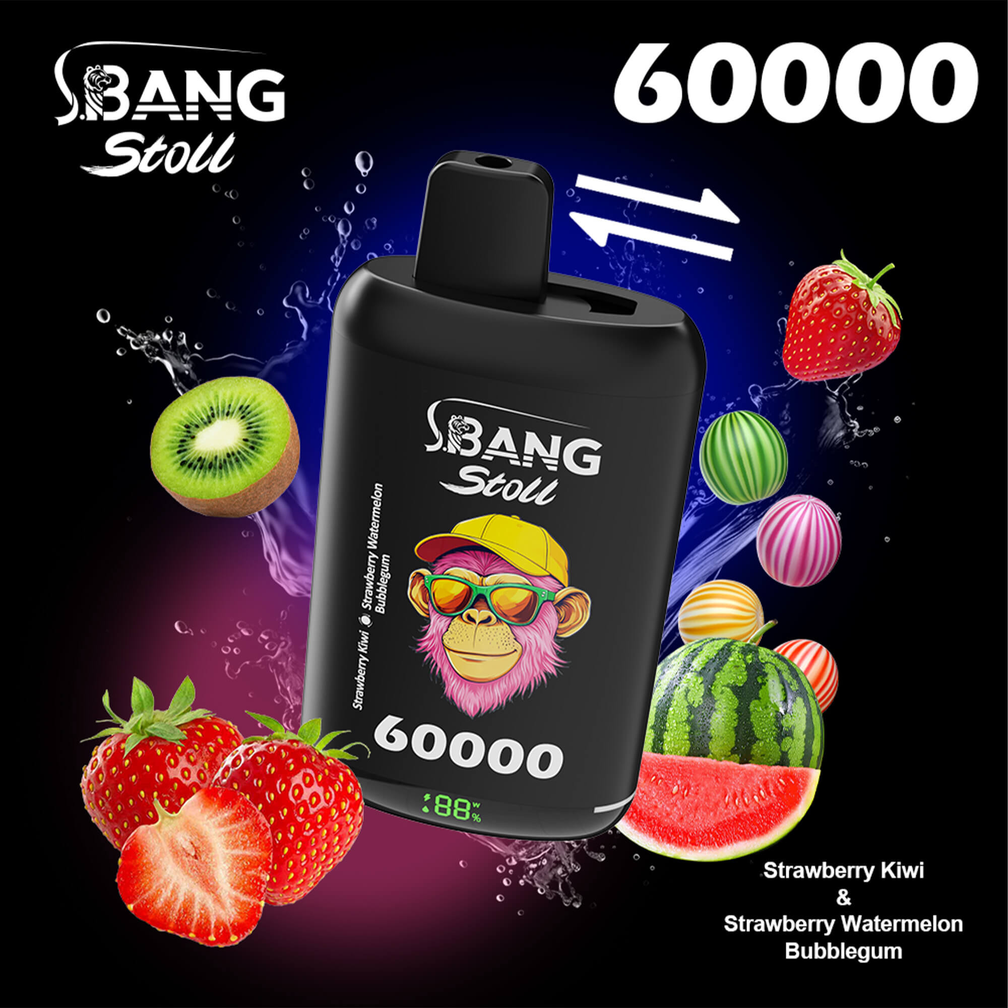 A black vape device with a top cartridge and a colorful monkey logo wearing sunglasses, labeled Bang Stoll 60000, set against a splashy background with strawberries, kiwi, watermelon slices and various fruit bubbles.