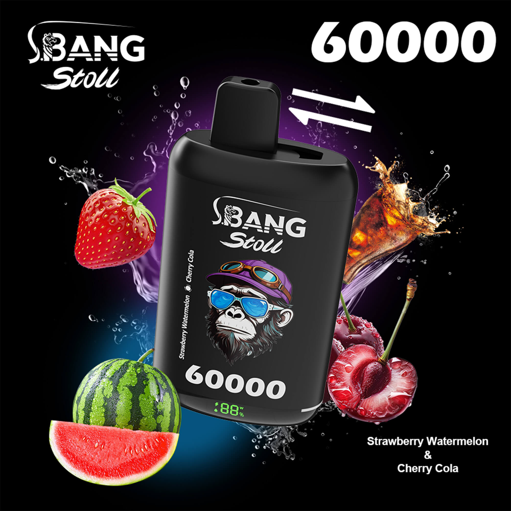 Compact black disposable vape device with a cartoon ape wearing sunglasses and a hat, angled against a splashy fruit background (strawberry, watermelon, cherry), showing “Bang Stoll” branding and “60000” capacity.