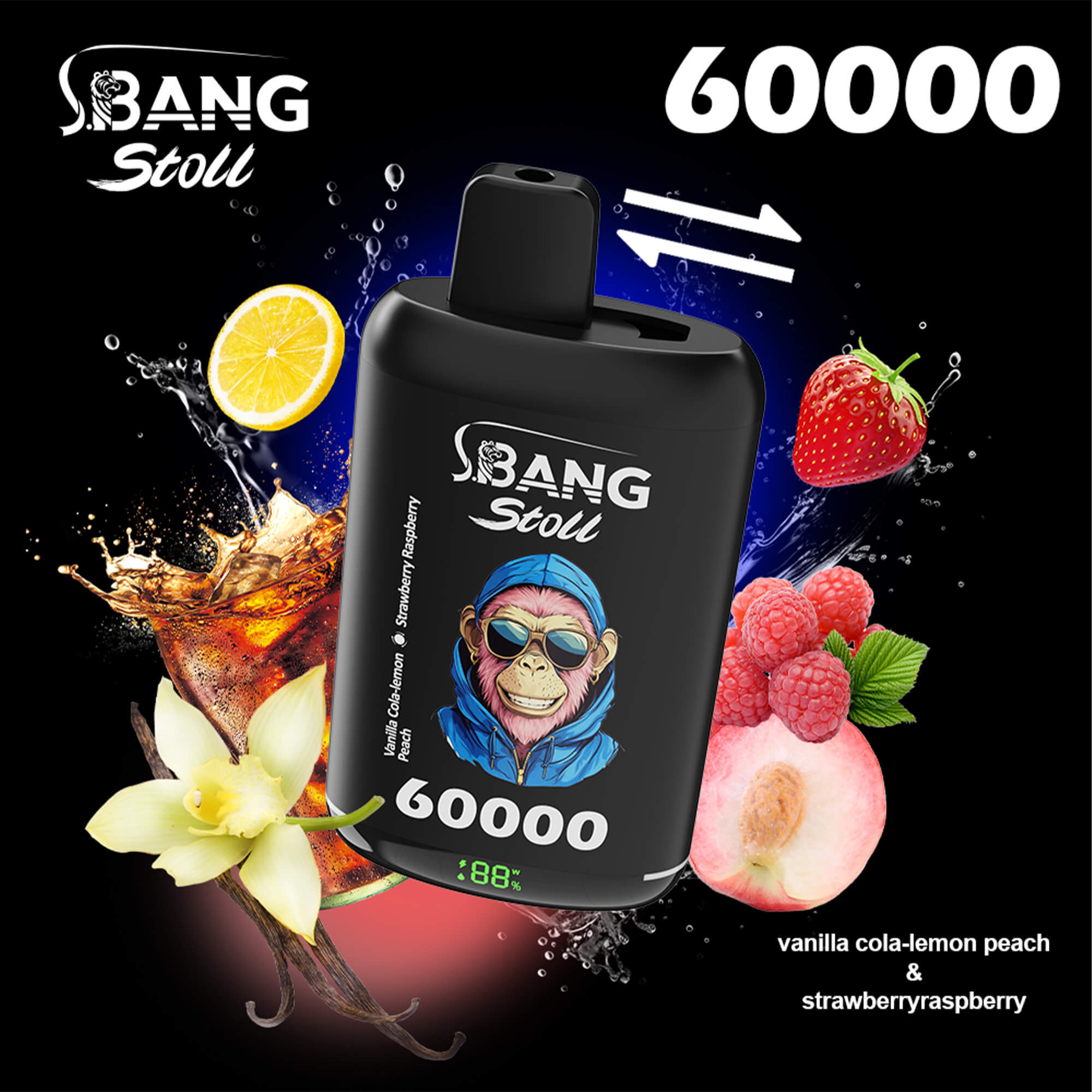 A black bottle labeled Bang Stoll with "60000" text, surrounded by splash effects, lemon slice, strawberry, raspberries, peach halves, vanilla flower, and fruit flavors; colorful background with a blue-hooded figure graphic on the label.
