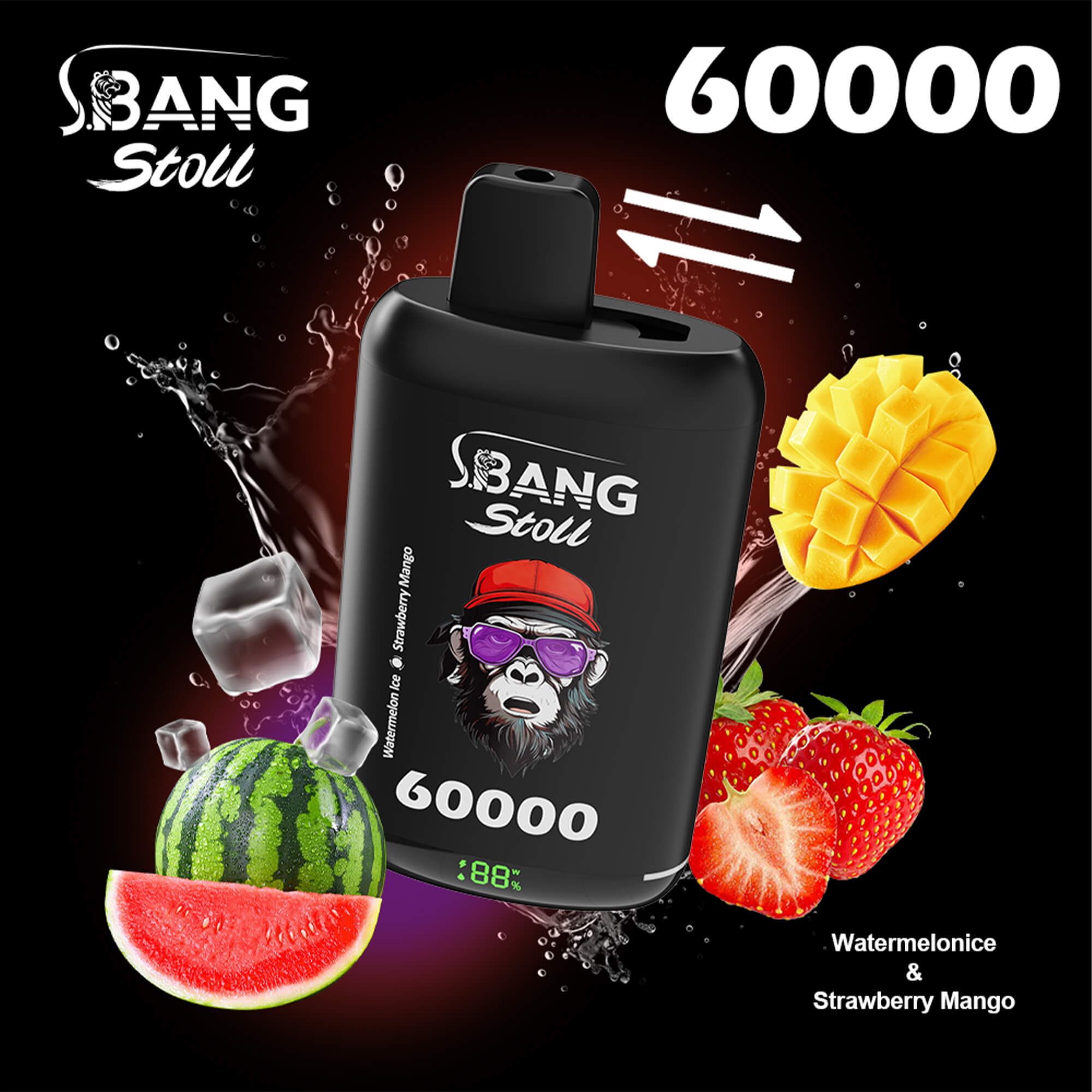 A black vape bottle labeled Bang Stoli with fruit graphics (watermelon, mango, strawberry) and the number 60000, set against a dark background with splashes and ice cubes.