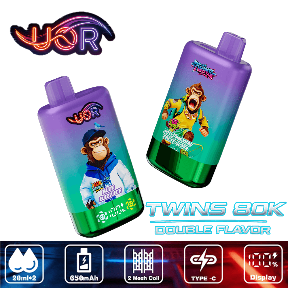 Two purple gradient bottles of Twins 80K vape juice with cartoon monkeys on the labels, neon UOR logo above, and “Twins 80K Double Flavor” text; packaging features 2ml+ nicotine and mesh coil icons.