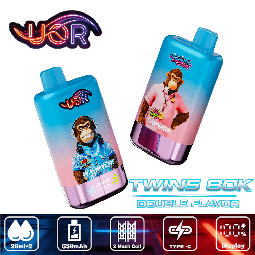 Two blue gradient e-liquid bottles with cartoon monkey branding, labeled Twins 80K Double Flavor, set against a white background with a neon UXR logo above.