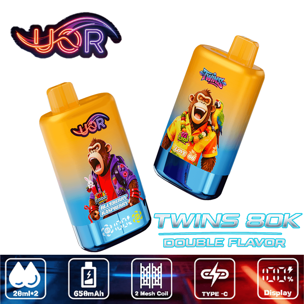 Two yellow-orange bottles with colorful monkey-themed labels set against a gradient background, featuring “Twins 80K Double Flavor” branding and a neon UOR logo above.