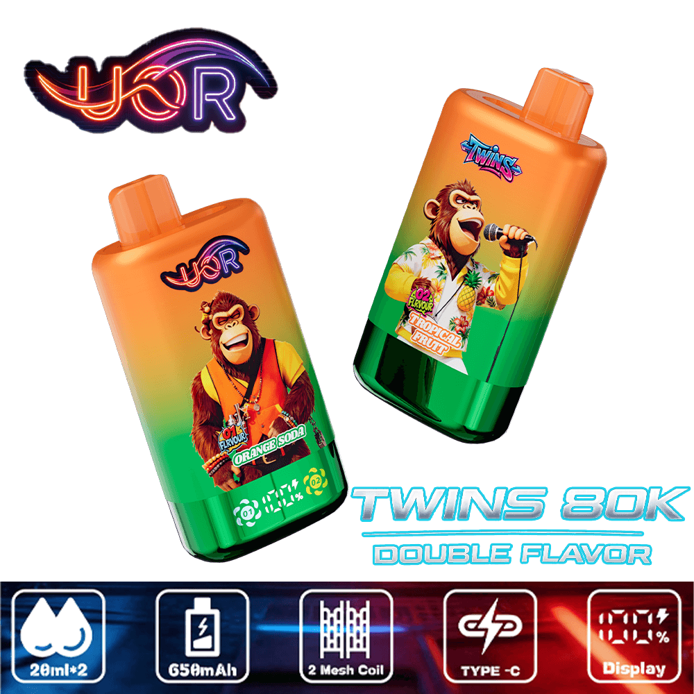 Two orange-green gradient bottles labeled Twists 80K Twins double flavor, featuring a monkey singer and a gorilla in tropical attire; Ninja brand UOR logo at top.