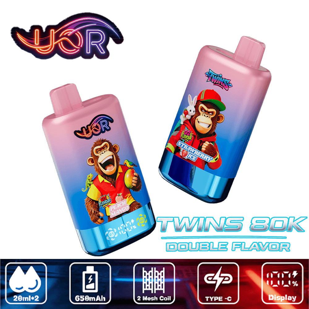 Two pink-to-blue gradient vape bottles featuring cartoon primate characters with neon UOR branding, labeled Twins 80K double flavor.