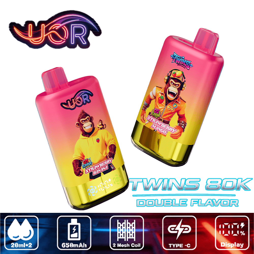 Two pink gradient vape bottles with gorilla mascots, labeled Twins 80K double flavor, plus a neon URLR logo at top and tech icons at bottom.