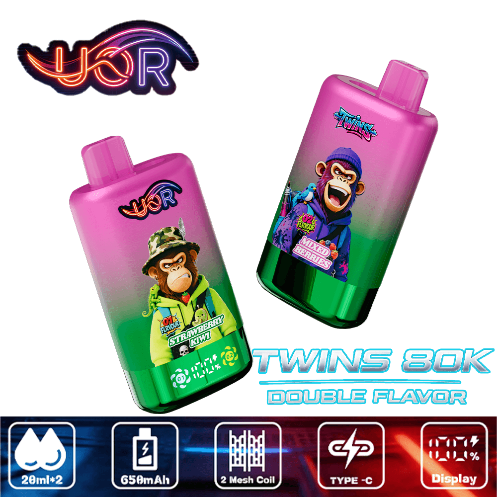 Two pink-to-green gradient vape bottles with monkey graphics, one labeled Strawberry Kiwi and the other Mixed Berries, and a glossy “Twins 80K Double Flavor” logo.