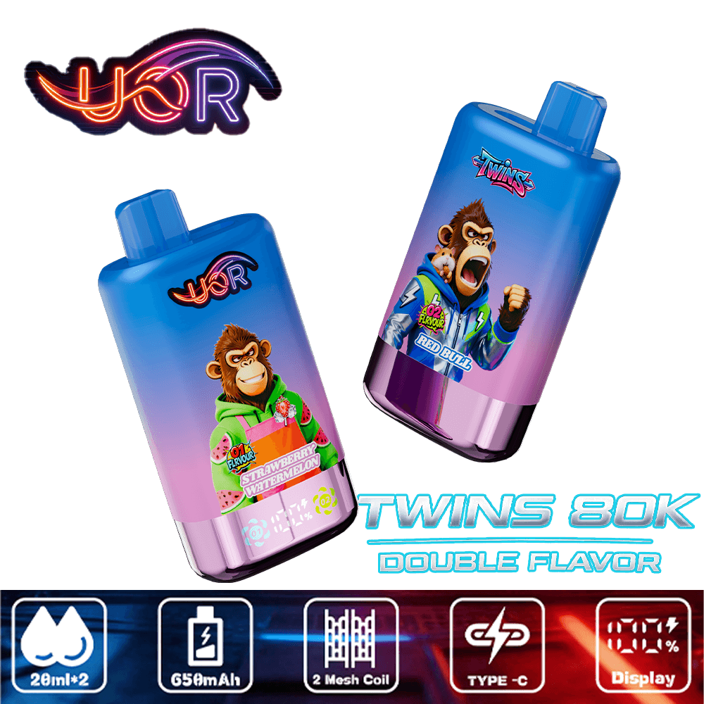 Two blue gradient bottles featuring a gorilla character with purple-pink accents, labeled Twins 80K Double Flavor; neon UQR logo above.