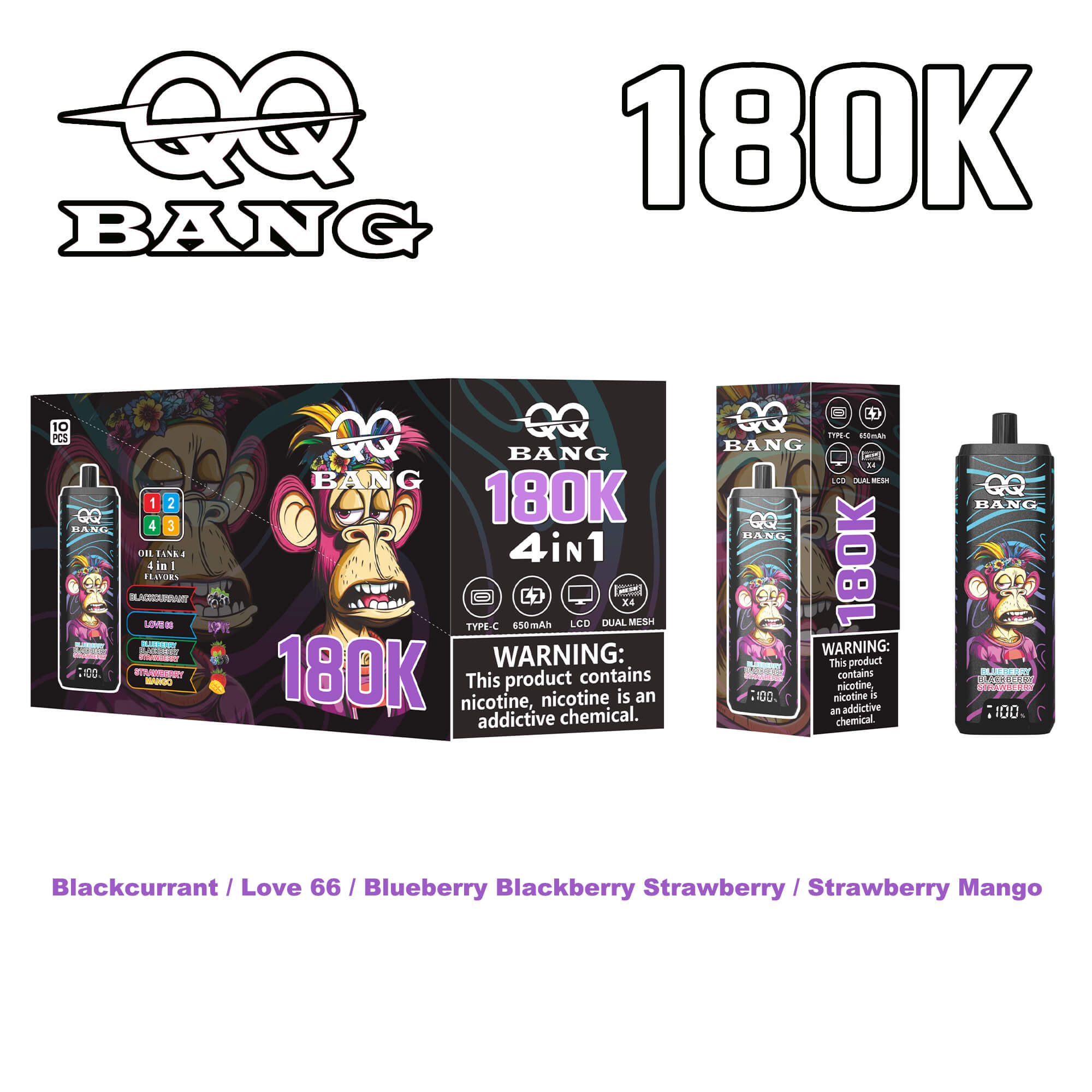 assorted Bang 180K vape kit packaging with a colorful monkey logo, text 180K 4in1, warning label, and flavors listed Blackcurrant Love66 Blueberry Blackberry Strawberry Mango