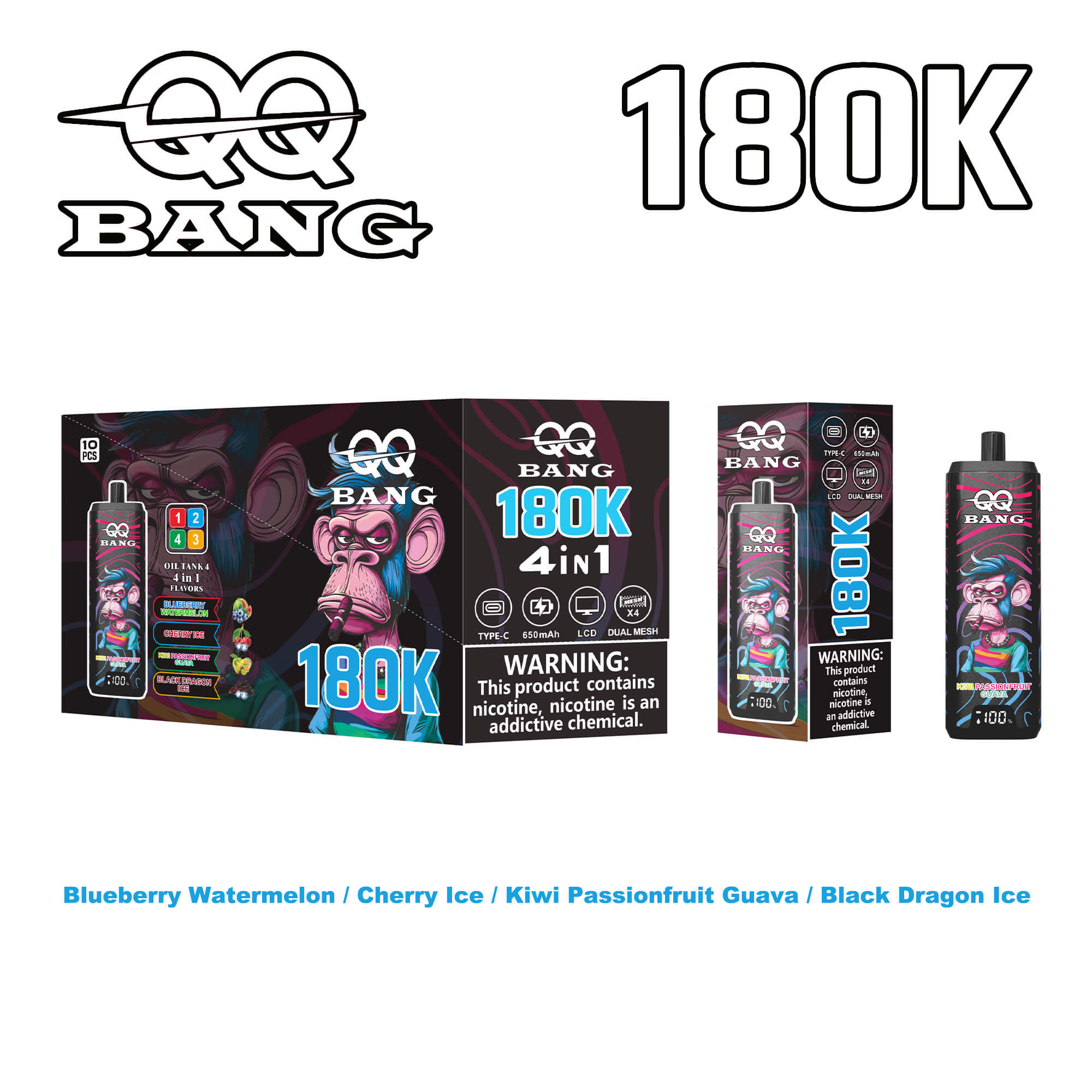 BNG 180K 4-in-1 vape kit box set and close-up of 180K device with colorful monkey artwork, warning label, and flavor lineup Blueberry Watermelon / Cherry Ice / Kiwi Passionfruit Guava / Black Dragon Ice.
