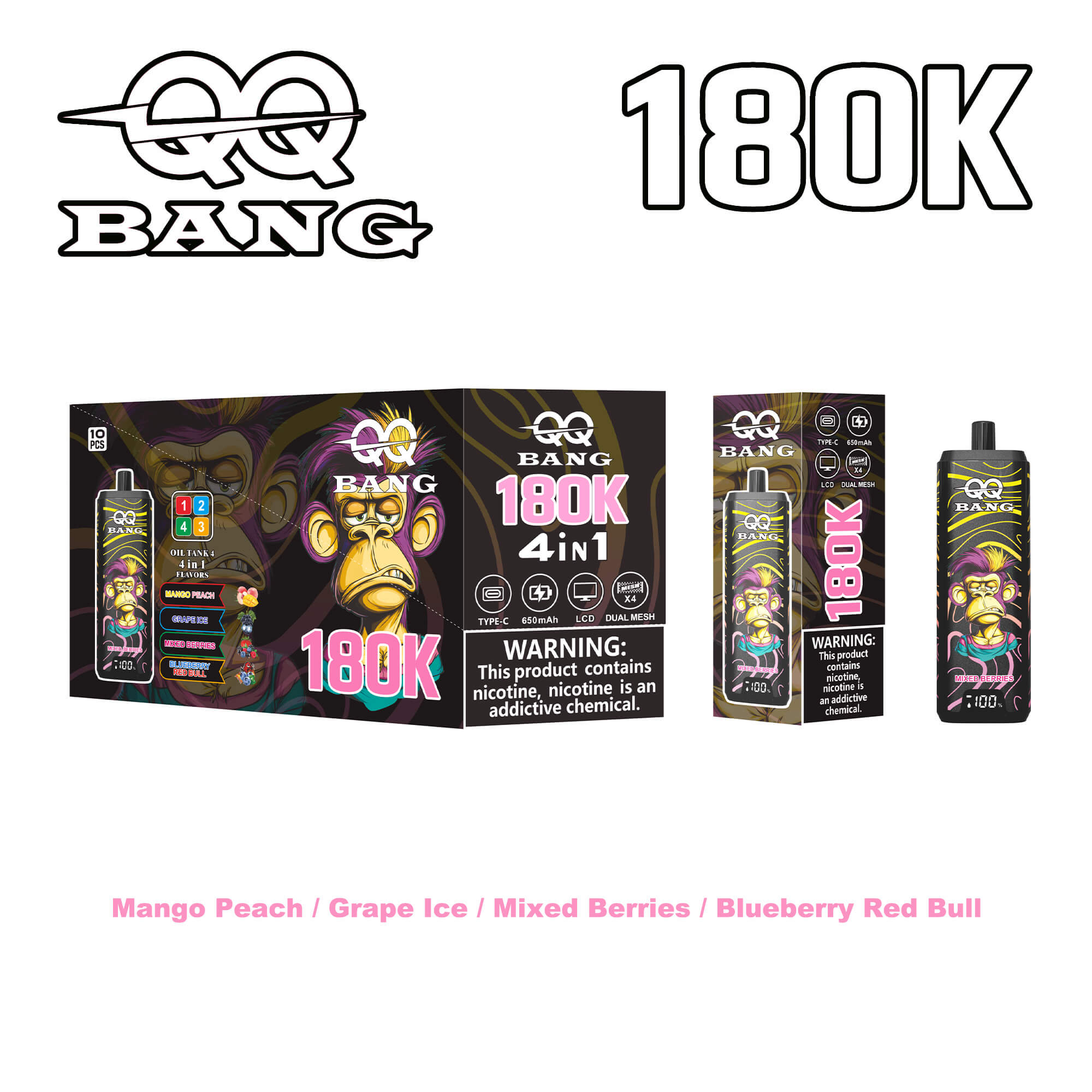 QQ Bang 180K 4-in-1 vape kit with mango peach, grape ice, mixed berries, blueberry red bull flavors; colorful monkey artwork on packaging and device; warning label.