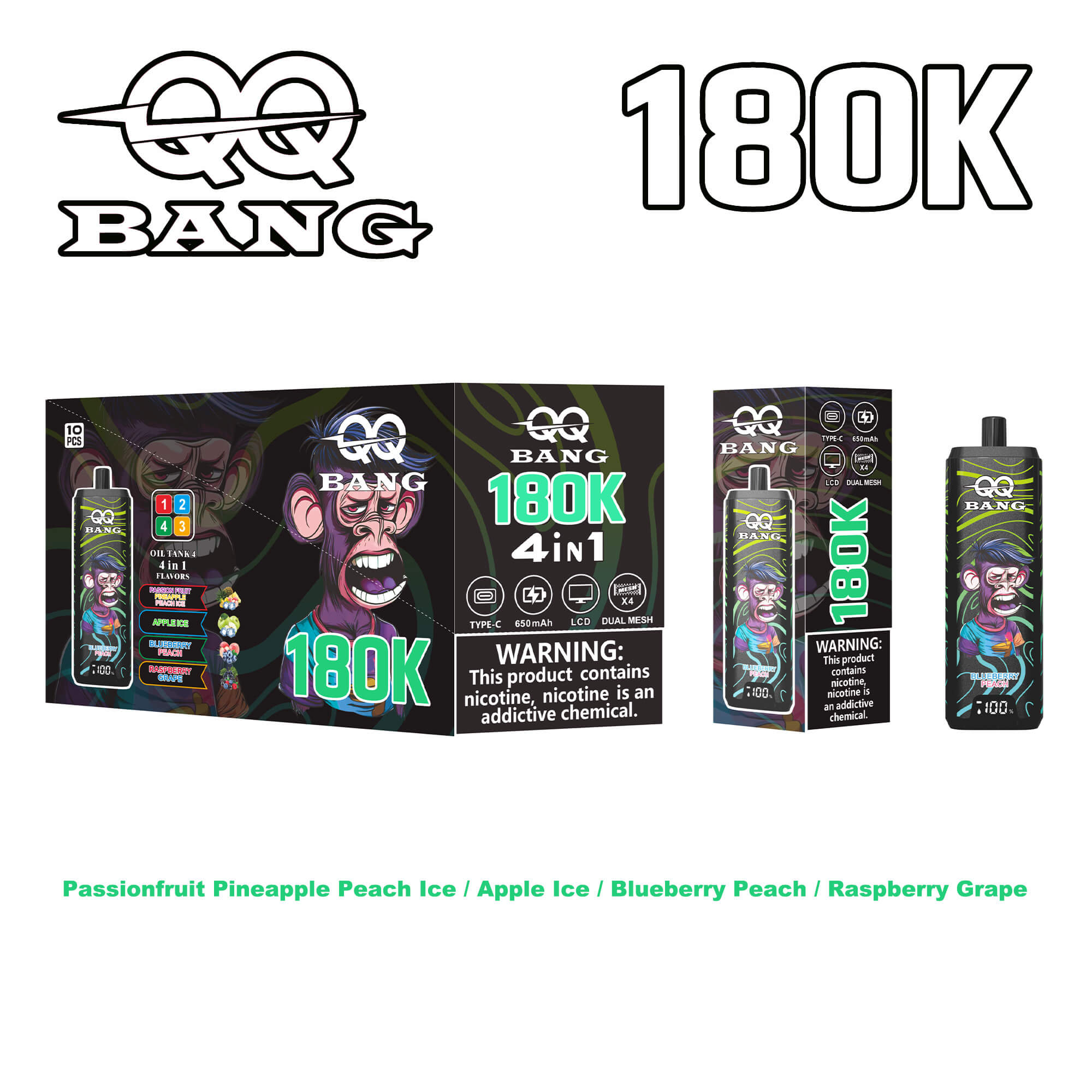 Vaping device packaging and bottle with bold “180K 4 in 1” branding, featuring a snarling monkey, colorful graphics, and flavor names listed: Passionfruit Pineapple Peach Ice, Apple Ice, Blueberry Peach, Raspberry Grape.