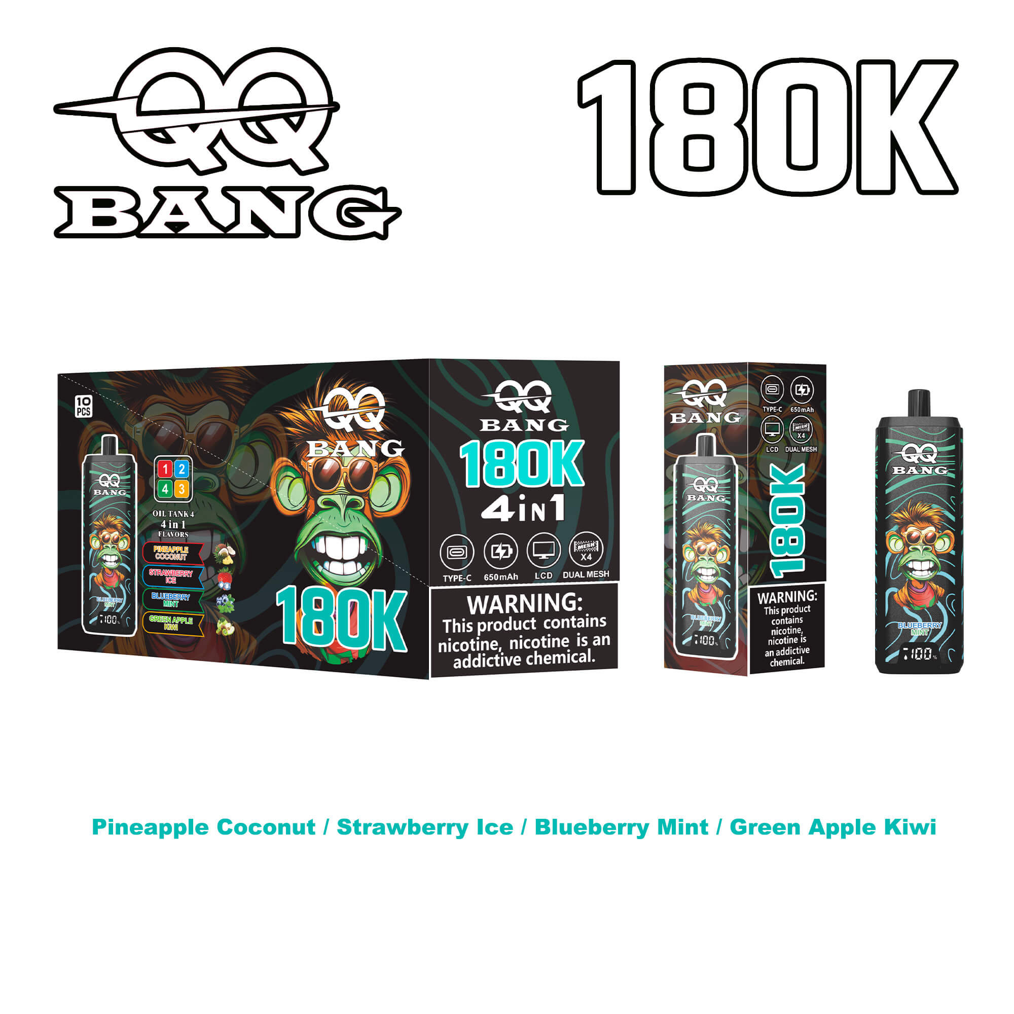 QQ Bang 180K 4in1 disposable vape kit with black packaging featuring a cartoon ape, 4 flavors Pineapple Coconut, Strawberry Ice, Blueberry Mint, Green Apple Kiwi; 650mAh device.