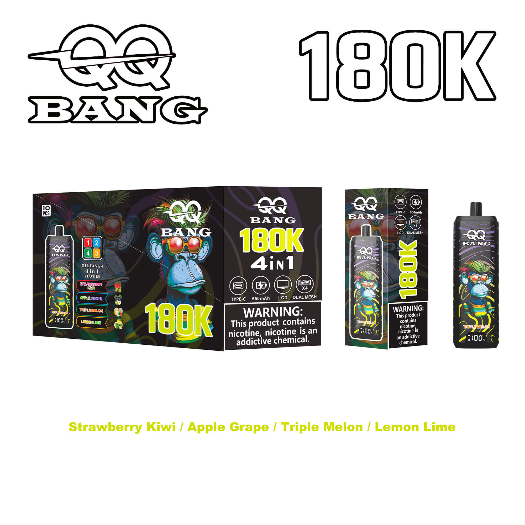Striking Bang 180K 4-in-1 vape packaging set with neon monkey artwork, three product boxes (180K) and a vape device, featuring flavors Strawberry Kiwi, Apple Grape, Triple Melon, Lemon Lime.