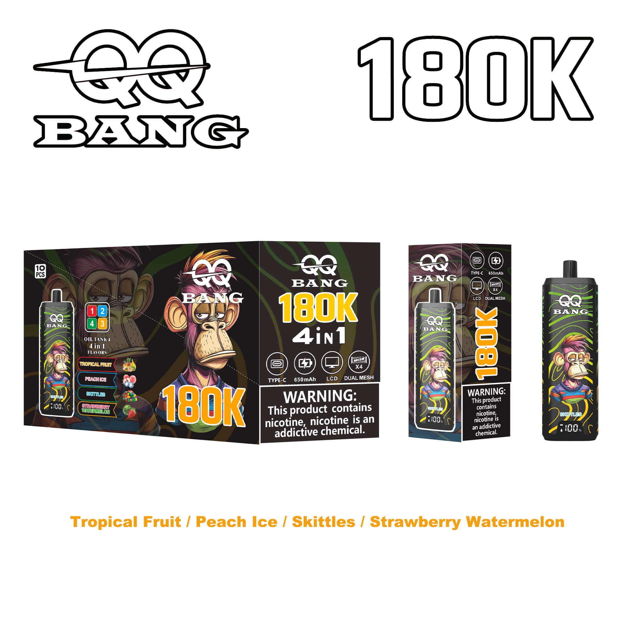 Bang 180K 4in1 vape kit with tropical fruit flavors; boxes and a bottle shown with monkey graphics and caution label.