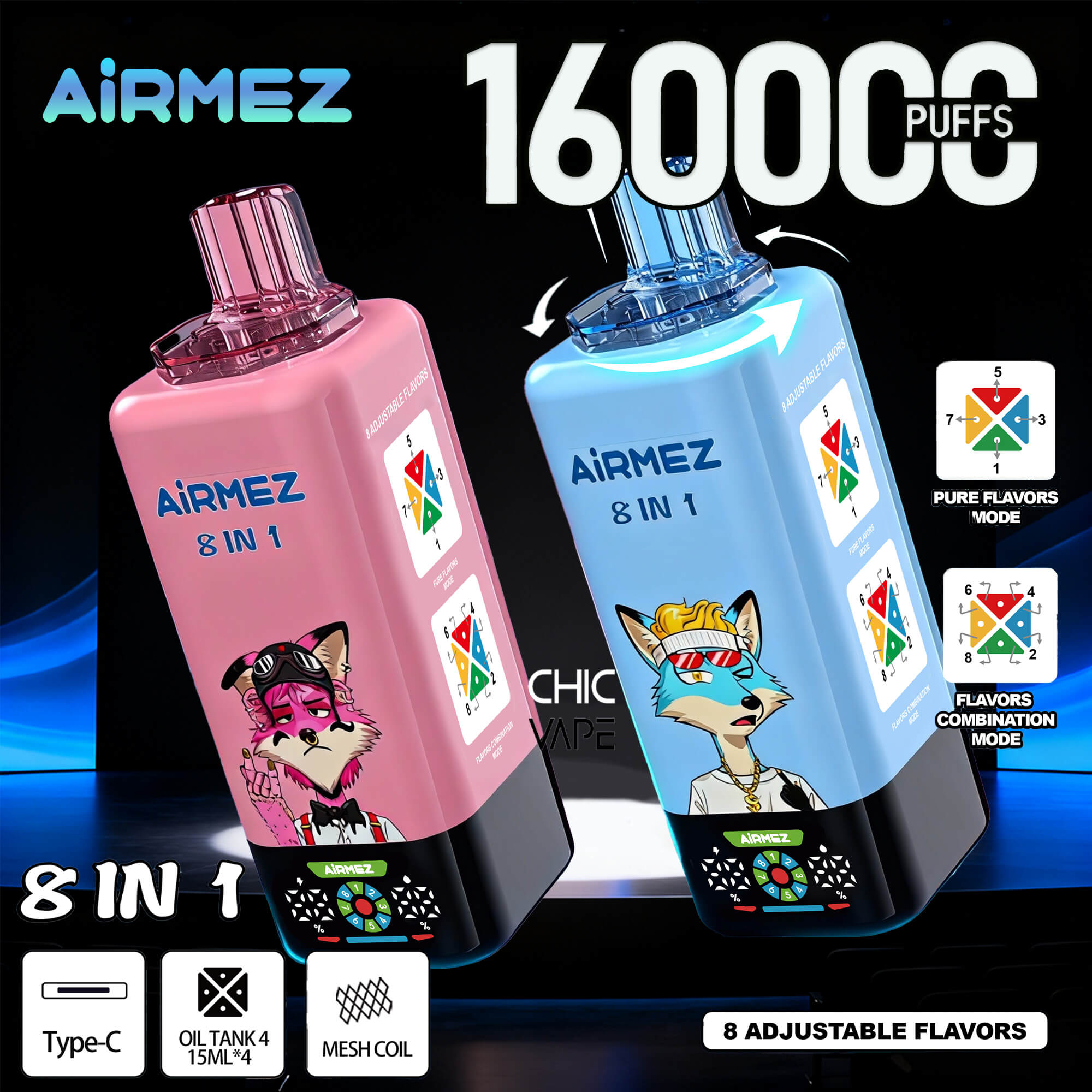 Two colorful e-cigarette bottles labeled “AIRMEZ 8 IN 1” in pink and blue, with graphic animal mascots and flavor icons, set against a dark promotional background.