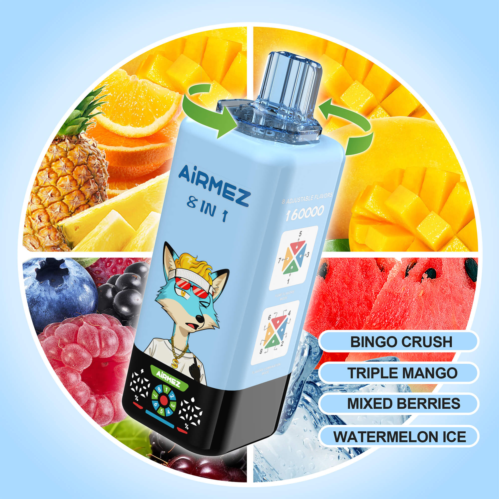 A blue 8-in-1 portable blender labeled Airmez with a fox cartoon on the body, surrounded by colorful fruit slices (pineapple, mango, orange, watermelon, berries) in a circular collage.