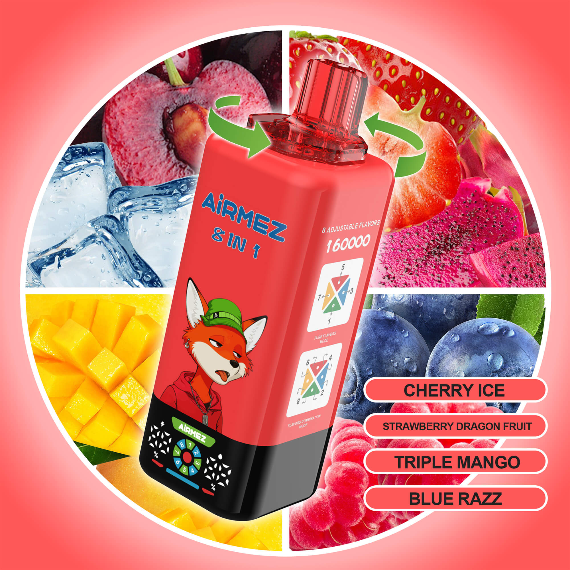 A red drinking bottle featuring a fox cartoon, with four flavor icons and fruit imagery (berries, mango, dragon fruit) in a circular collage background labeled Cherry Ice and other flavors.