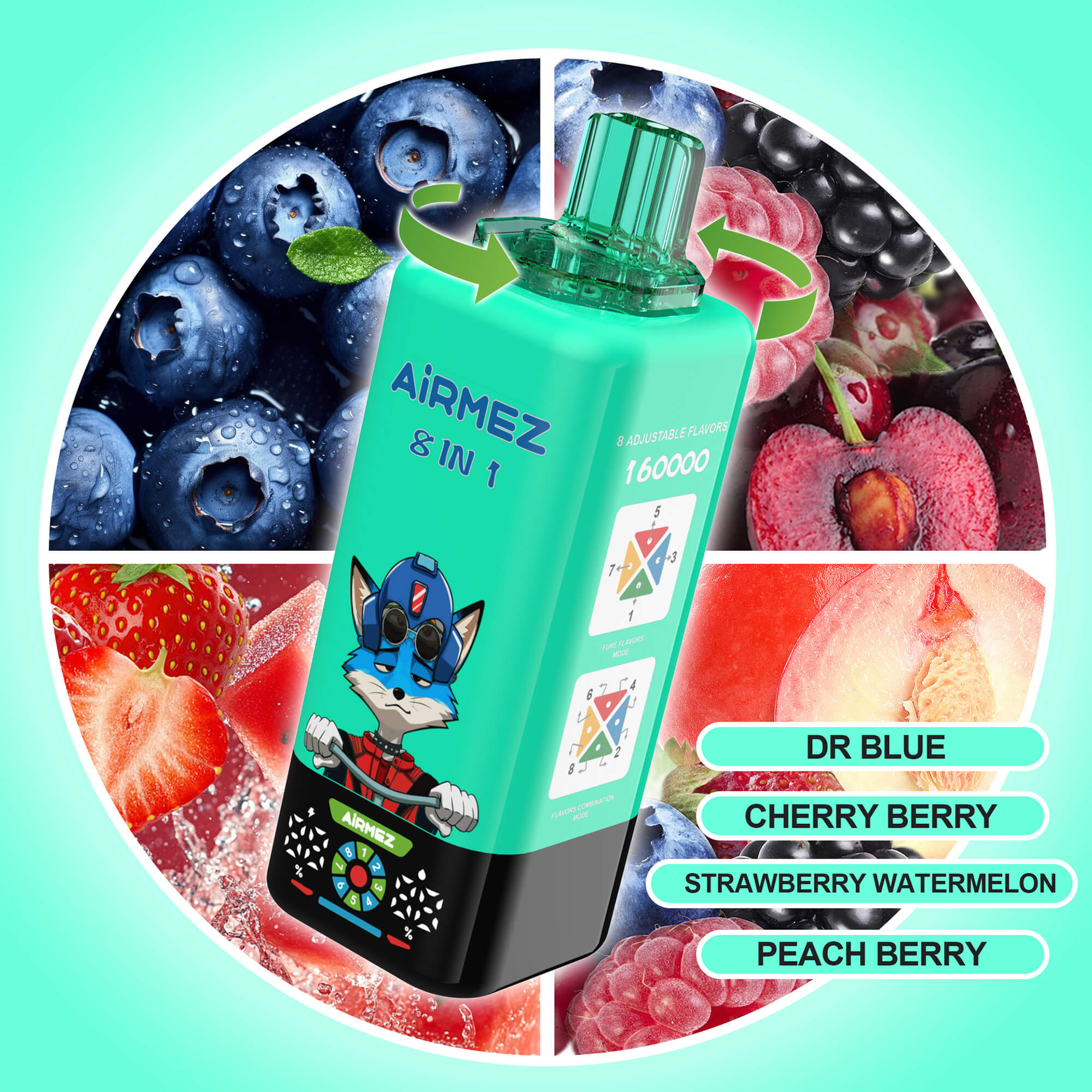 A turquoise bottle labeled Airmez & Int 1 with a cartoon robot on the front, surrounded by a circular fruit collage (blueberries, strawberries, raspberries, peaches) in four quadrants.