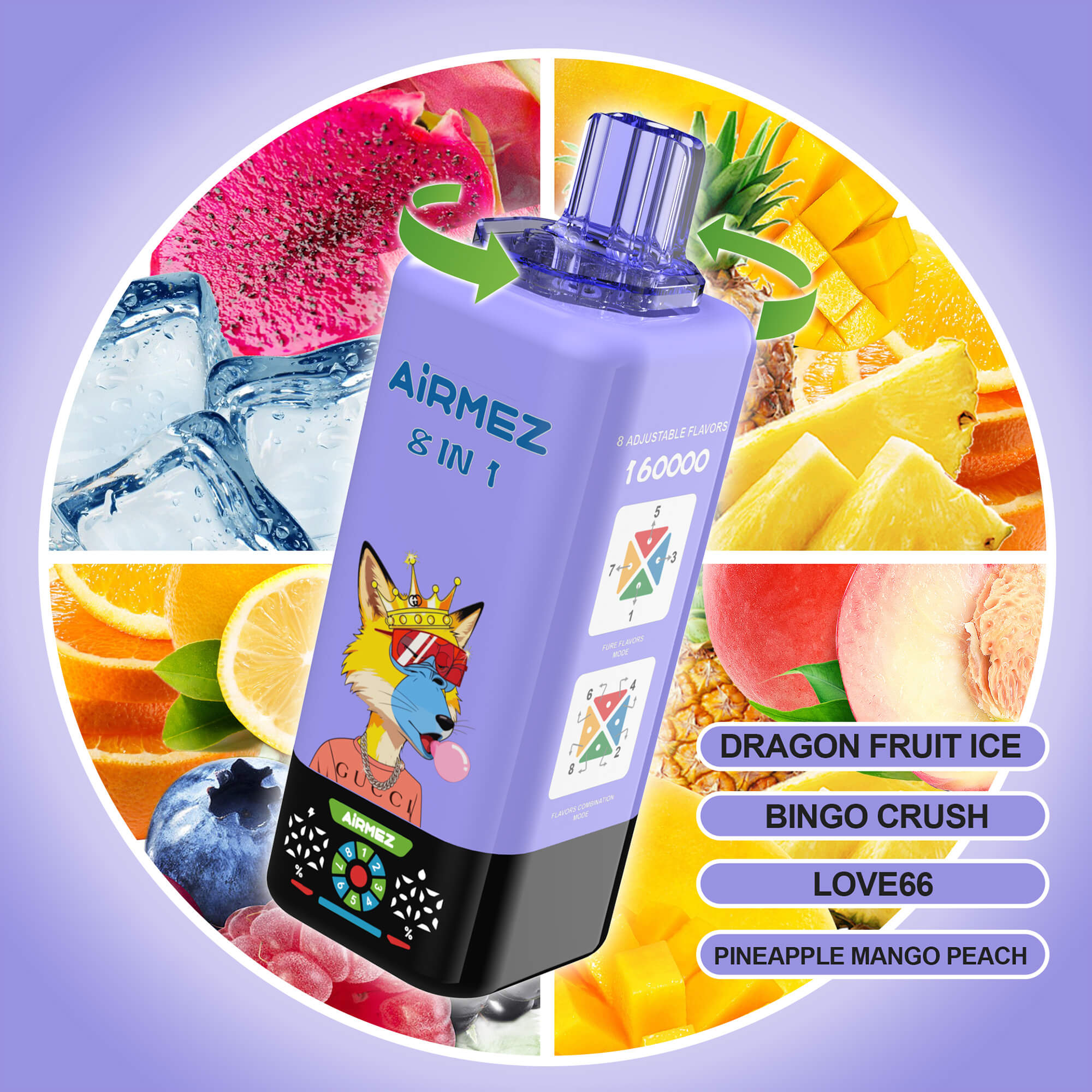 A purple cylindrical vape device with a cartoon crown-wearing fox illustration, scattered among colorful fruit slices arranged in a circular collage; labels to the right read Dragon Fruit Ice, Bingo Crush, Love66, and Pineapple Mango Peach.