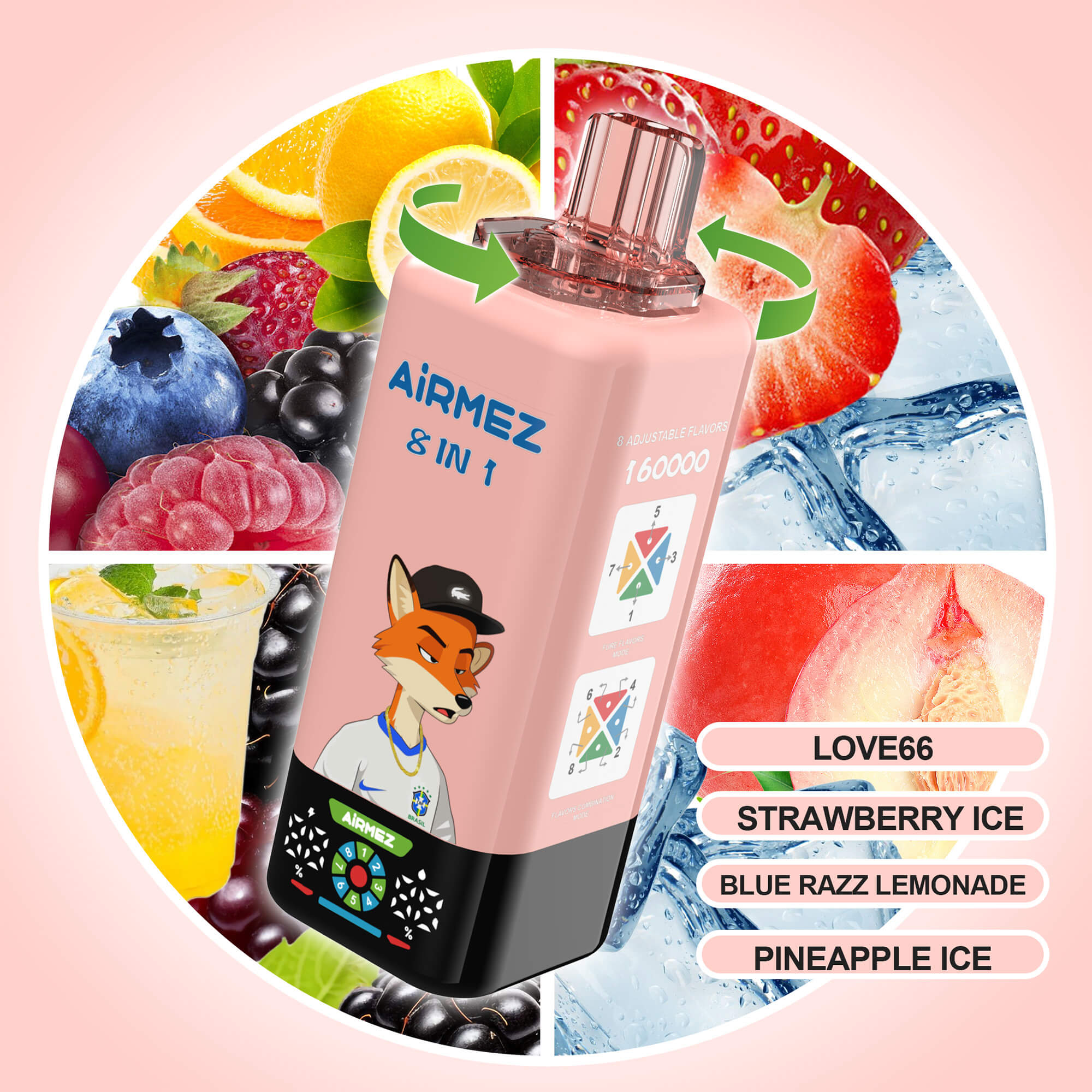 A pink multi-flavor vape device labeled “AIMEZ 8 IN 1” with a cartoon fox wearing a cap on the front, set against a circular collage of fruit drinks and ice; flavor options listed on the right: LOVE66, STRAWBERRY ICE, BLUE RAZZ LEMONADE, PINEAPPLE ICE.