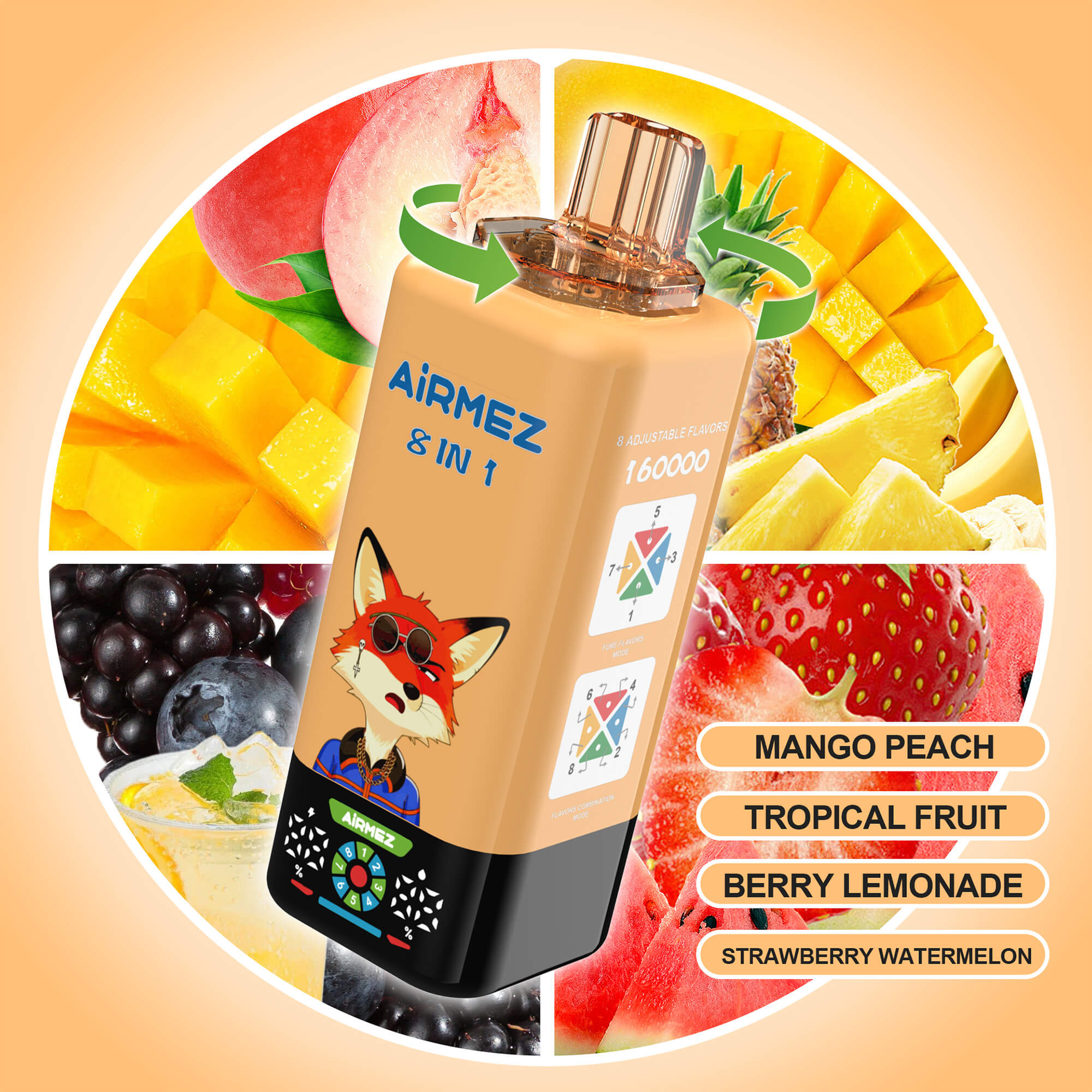 A wearable blender bottle labeled “Airmez 8 in 1” sits tilted inside a circular frame with a fruit collage background (mango, peach, pineapple, berries). Flavor options shown: Mango Peach, Tropical Fruit, Berry Lemonade, Strawberry Watermelon.