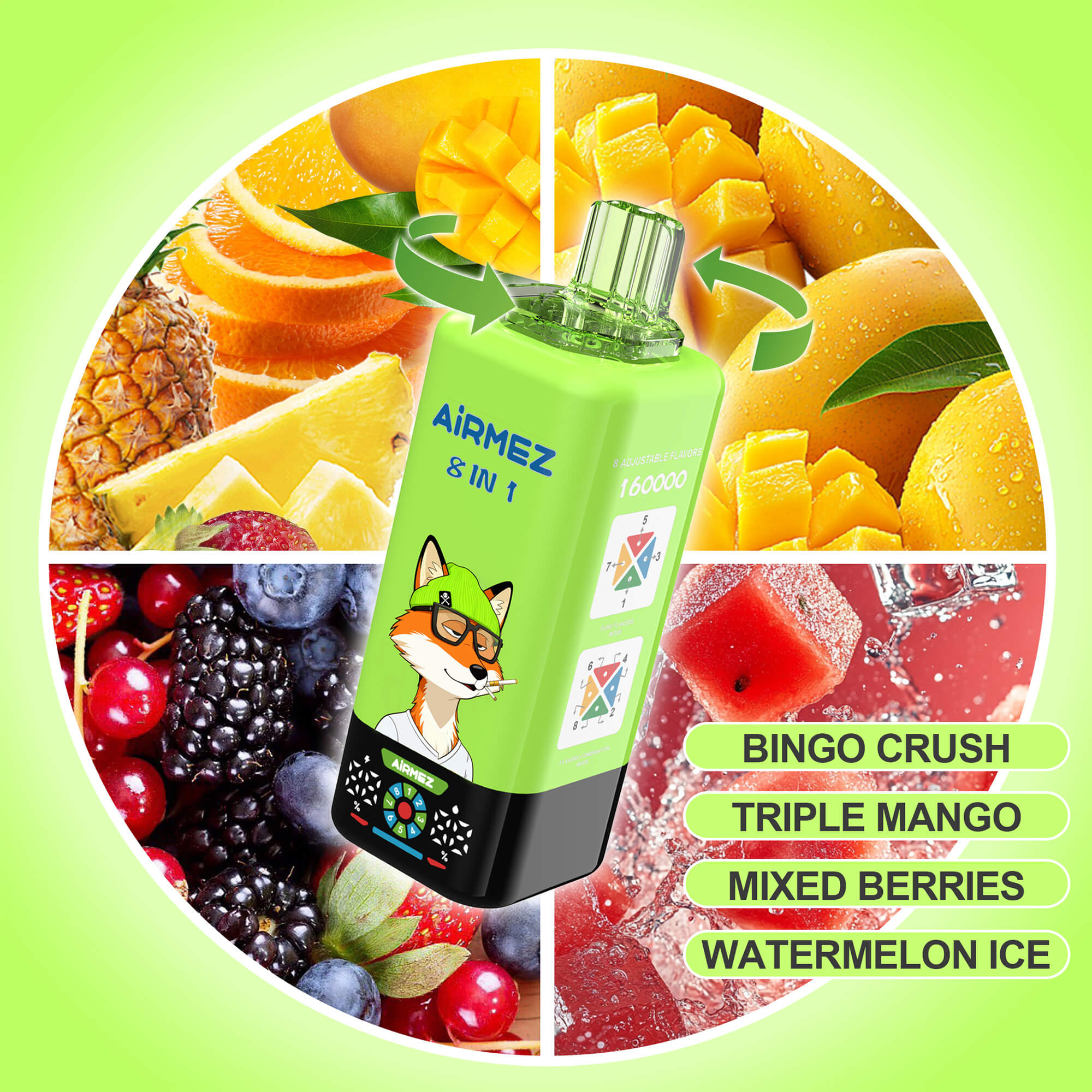 A green bottle with a fox graphic tilts inside a four-quarter fruit collage; sections show mango, pineapple, berries, and watermelon ice, with flavor labels Bingo Crush, Triple Mango, Mixed Berries, and Watermelon Ice.