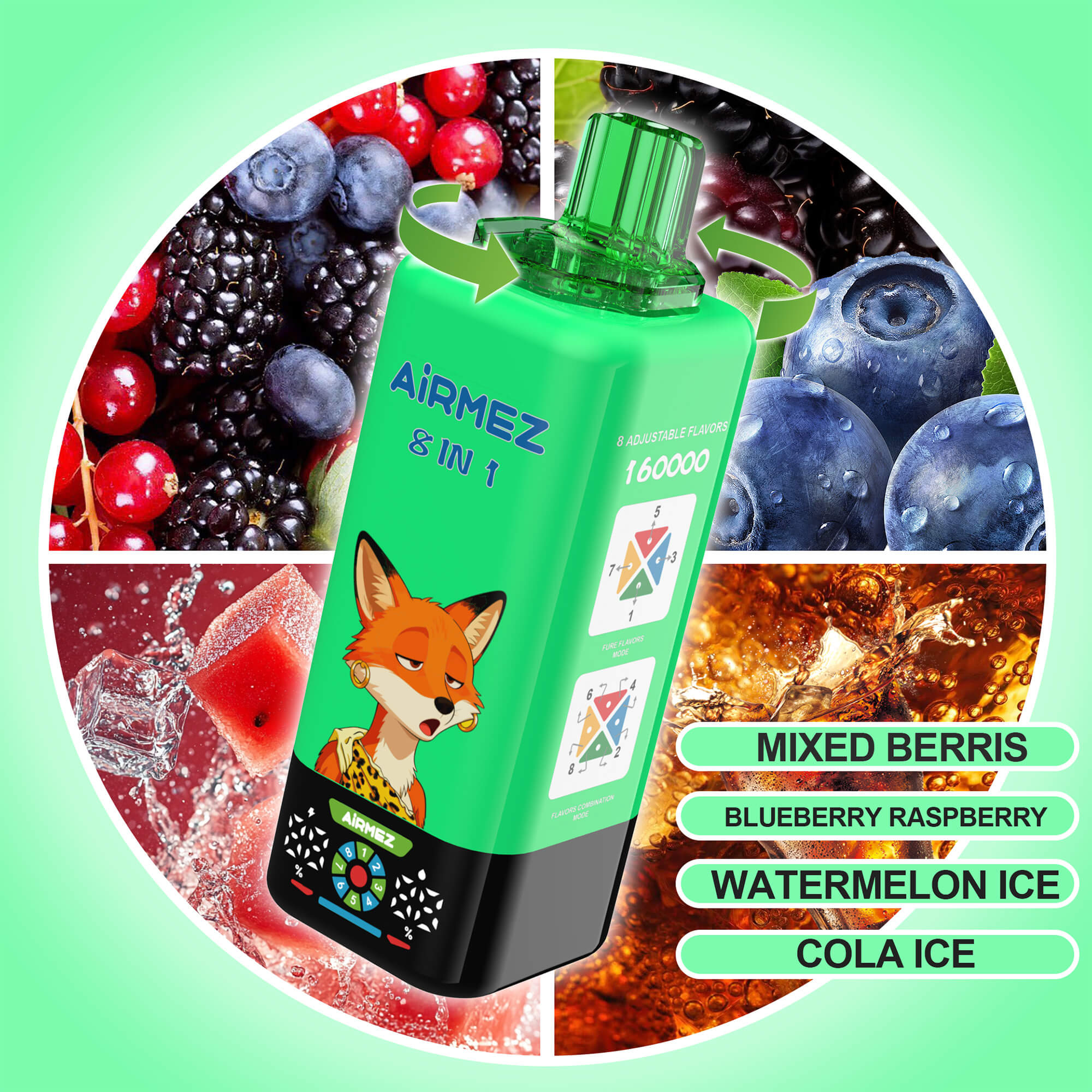 A green rectangular beverage device with a cartoon fox on the label, surrounded by four quadrant images of mixed berries, blueberries, watermelon ice, and cola ice; text bubbles list flavors: mixed berries, blueberry raspberry, watermelon ice, cola ice.