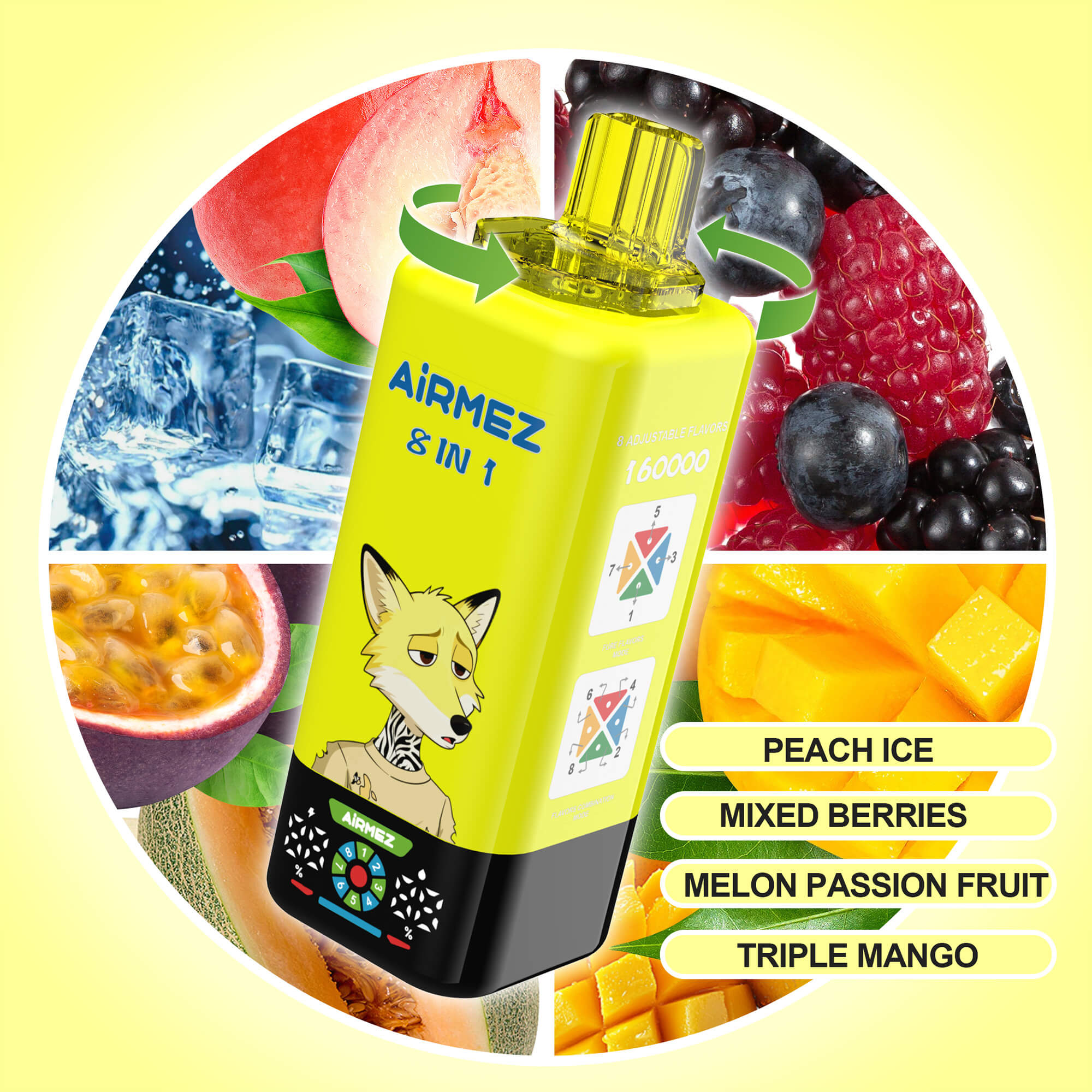 Bright yellow juice bottle labeled Airmelz 8 in 1 with a cartoon fox, tilted inside a circular background featuring fruit and ice; flavors list on right: Peach Ice, Mixed Berries, Melon Passion Fruit, Triple Mango.