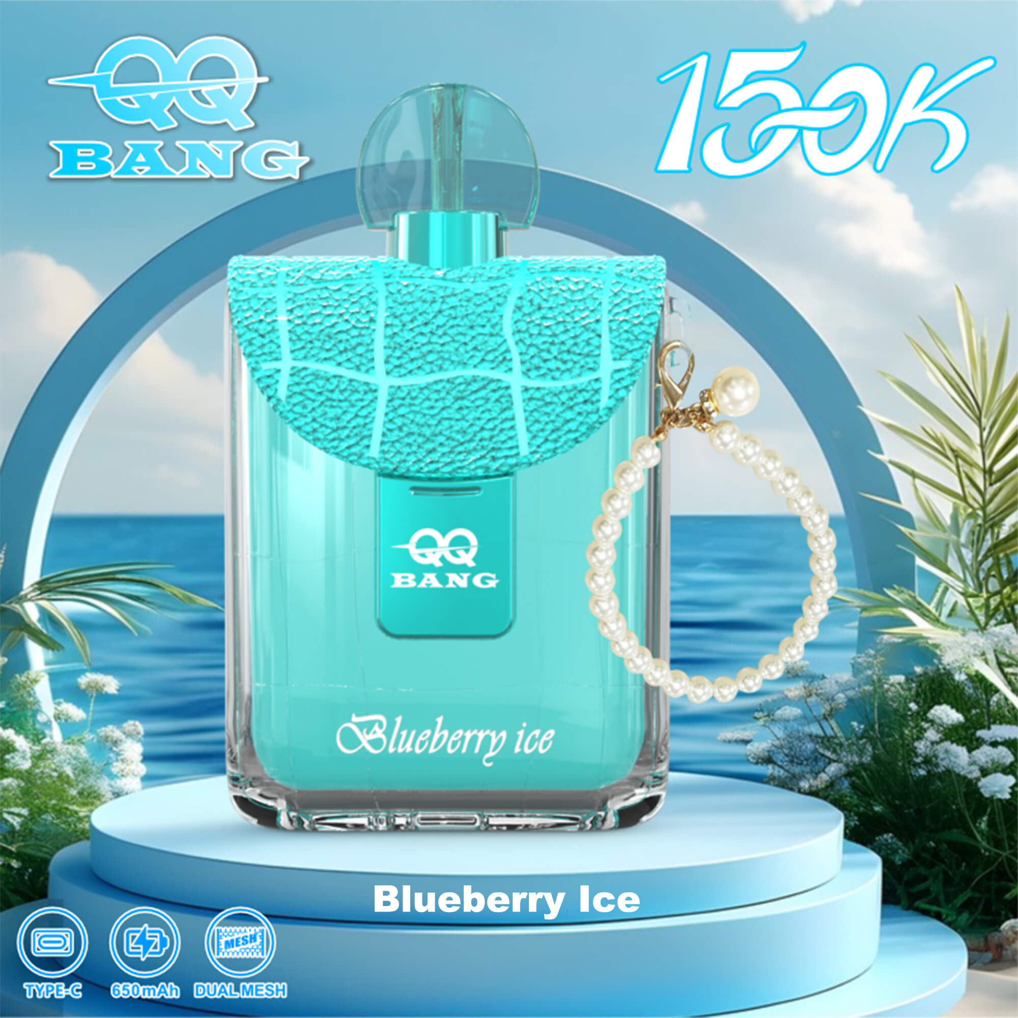 Blueberry Ice perfume bottle with turquoise cap, textured turquoise wrap, pearl charm, set on blue pedestal against seaside backdrop with palm plants and waves.