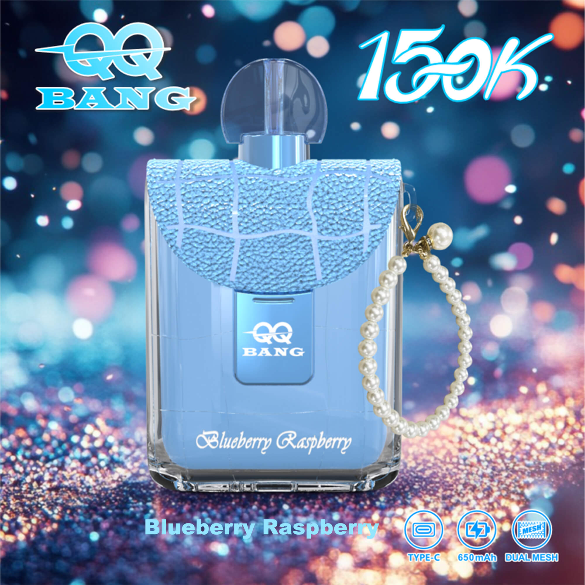 Blueberry Raspberry fragrance bottle with a blue quilted cap, pearl charm, and sparkly bokeh background; includes QQ Bang branding and 150K text.
