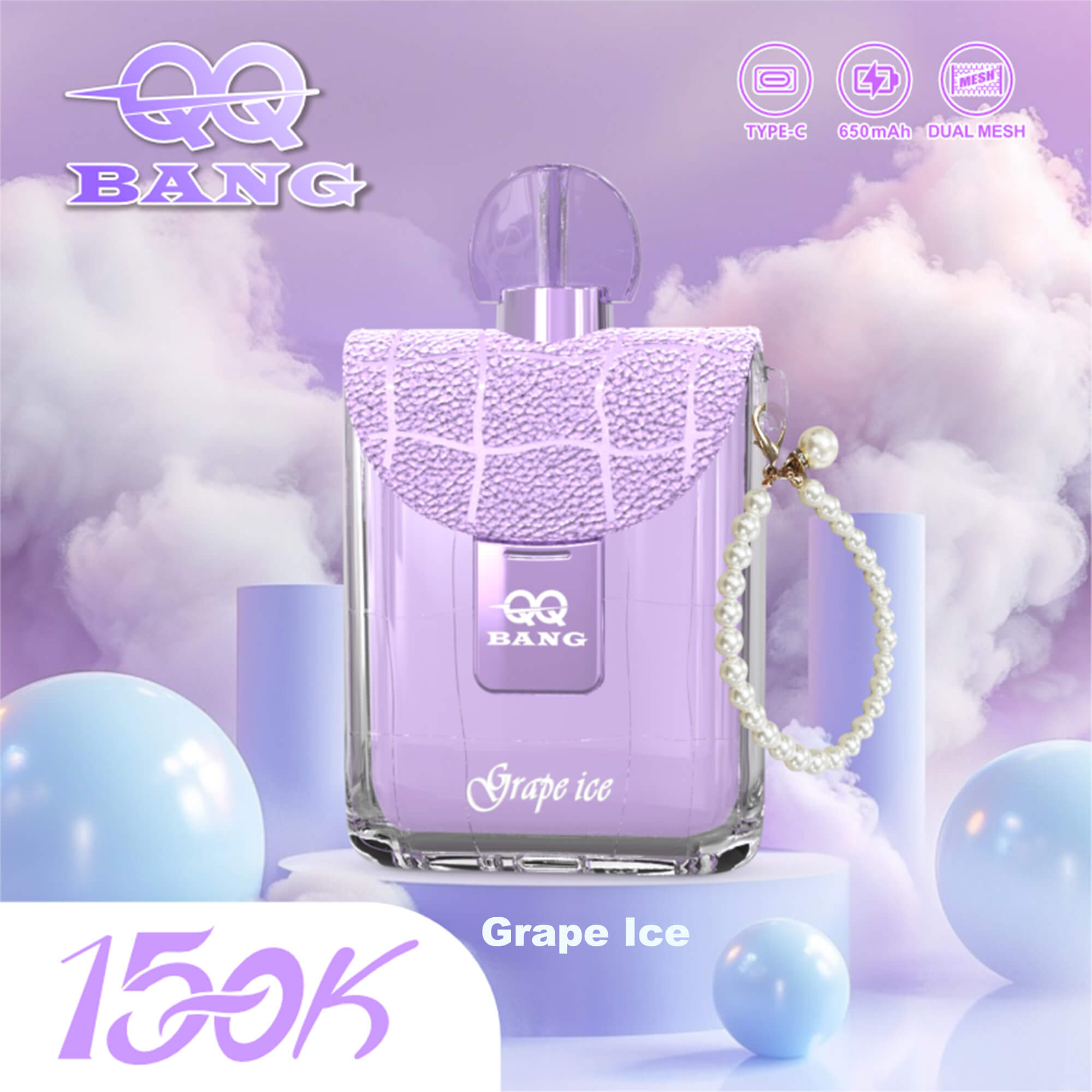 Grape Ice perfume bottle in pastel purple with pearl chain, clouds and spheres in background, brand logo and “Grape Ice” text visible.