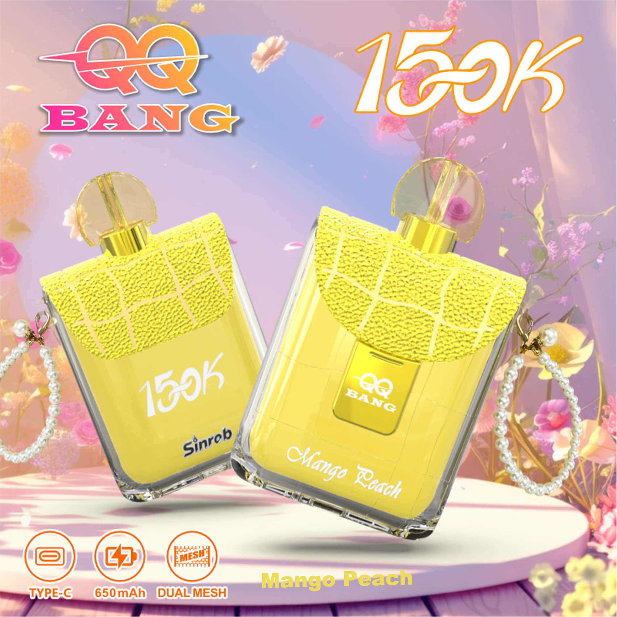 Two yellow perfume bottles labeled Mango Peach and 150K, tilted on a pink, pastel backdrop with decorative flowers; branding and icons visible at bottom.