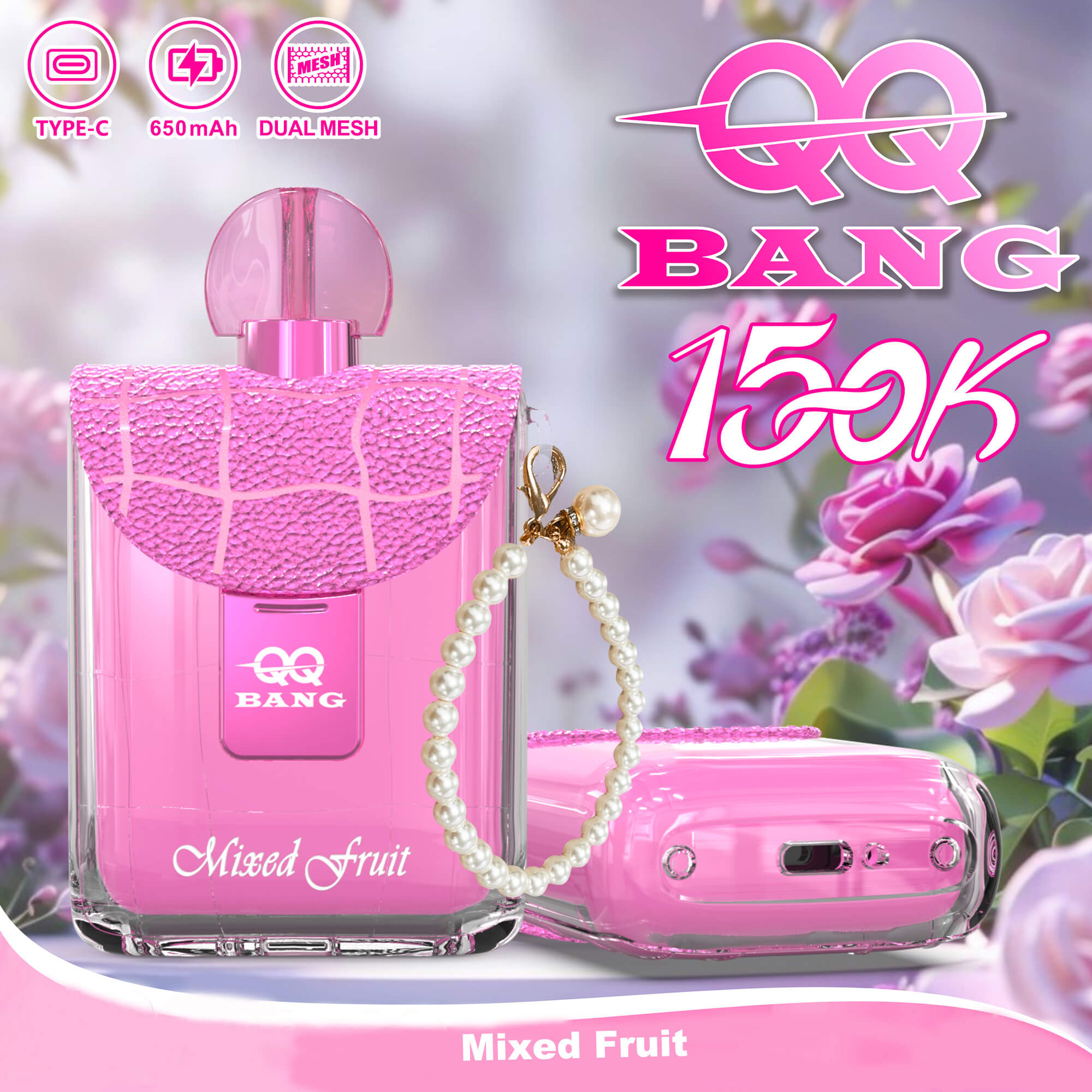 Bright pink perfume bottle with a textured cap and a pearl bracelet, labeled Mixed Fruit, set against a floral, soft-focus background with bold pink branding text.