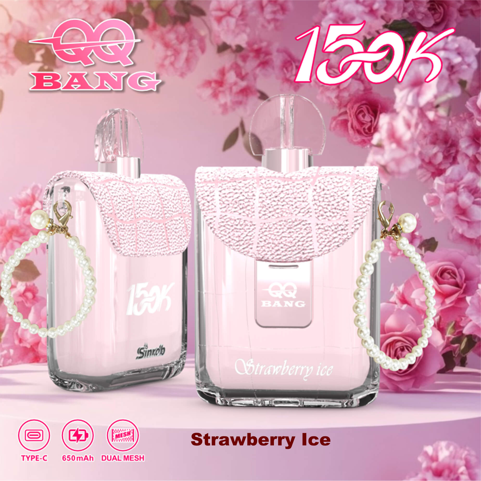 Strawberry Ice perfume bottles in pink with pearl chain charms, floral pink background, branding QQ BANG and 150K.