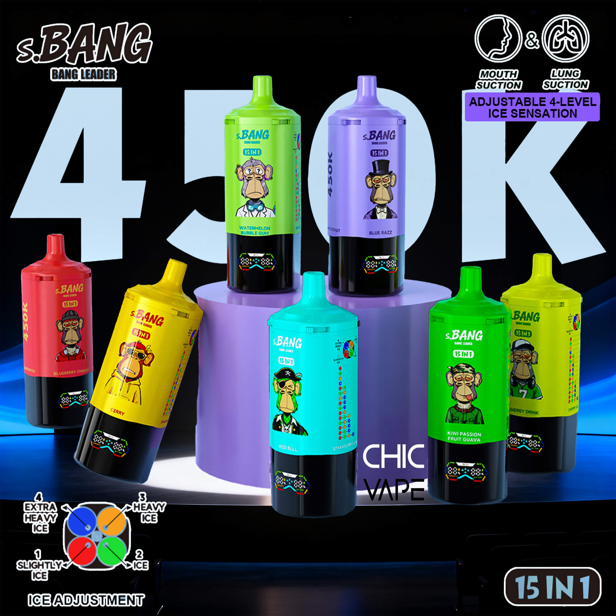Assorted s.BANG energy bottles in bright colors arranged in a display, with large blue “4” and “0” shapes in the background and a purple label reading Adjustable 4-Level Ice Sensation.