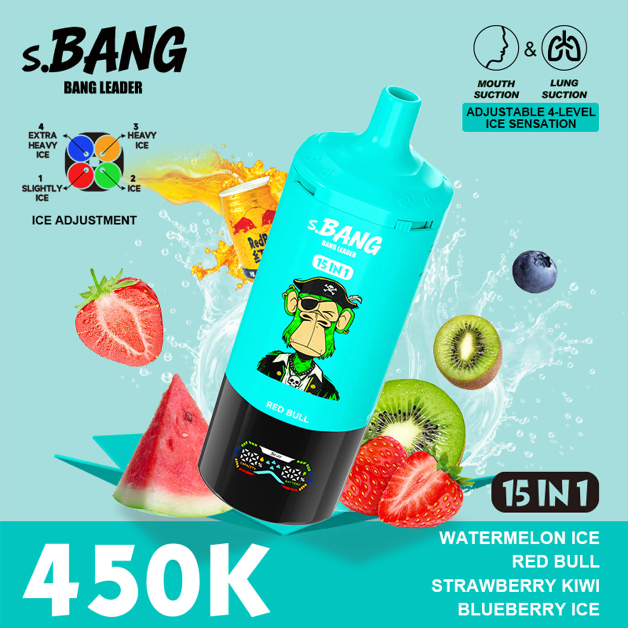 S.BANG Bang Leader water bottle with fruit imagery (watermelon, kiwi, strawberry) and flavor list including Watermelon and Red Bull.