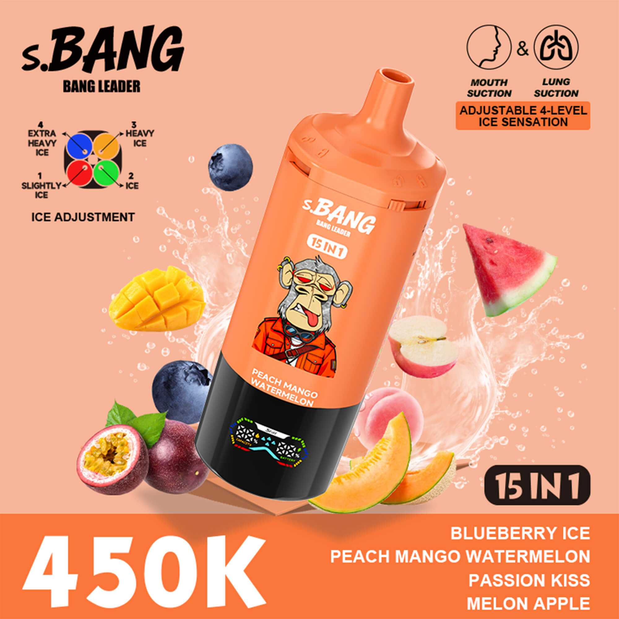 S.BANG Bang Leader orange bottle with fruit pieces and splash background, promotional text and 15 IN 1 on label