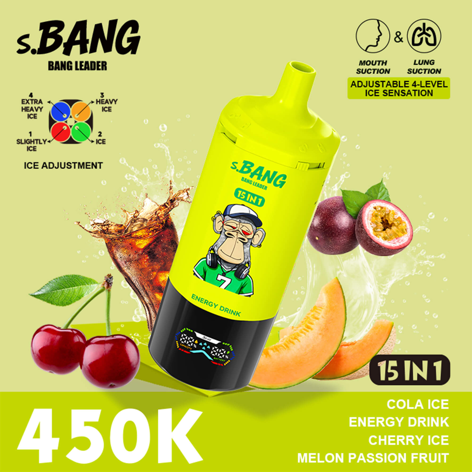 Bright yellow S.BANG energy drink bottle with sports mascot, surrounded by fruits (cherries, peach, melon, passion fruit) and splash effects; includes text about ice suction and 15 IN 1 flavor mix.