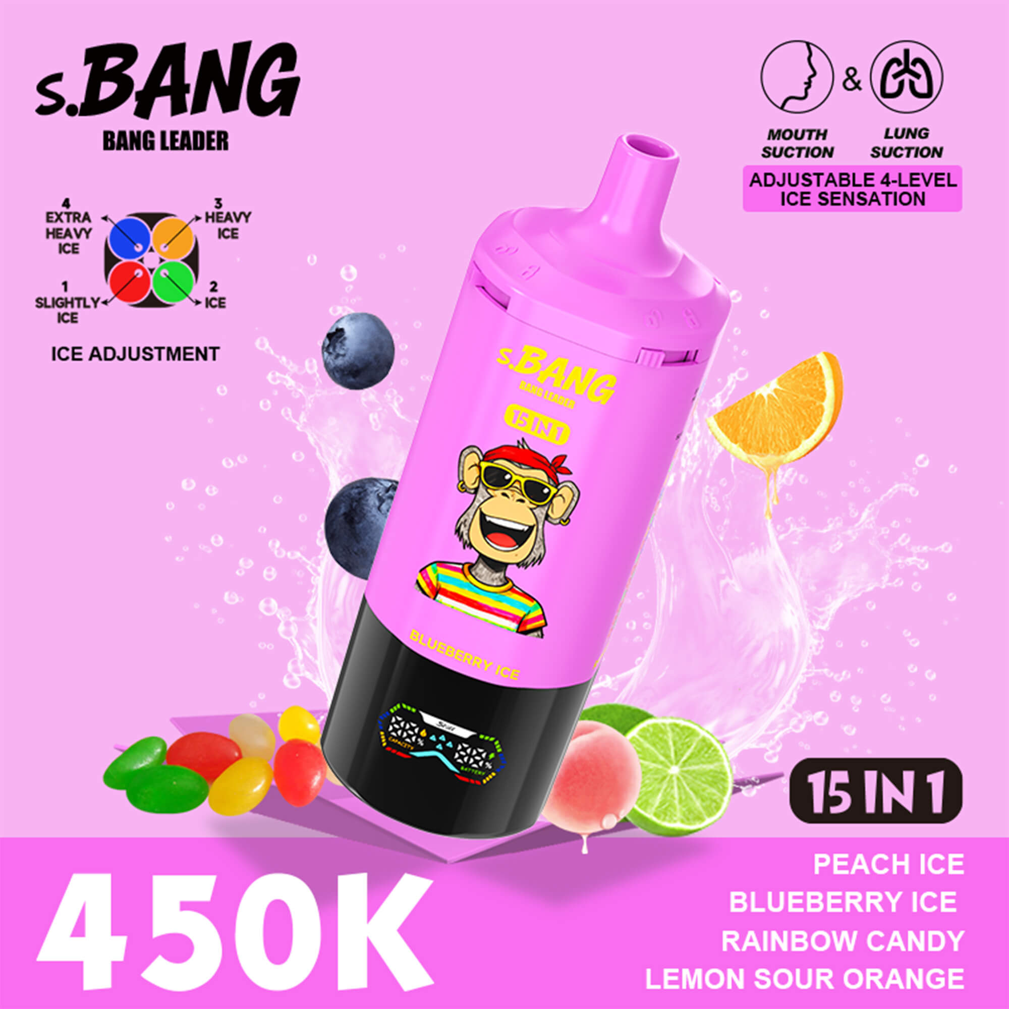 S.BANG Bang Leader pink bottle with monkey graphic, surrounded by fruit and ice textures, price 450K in bold white text on pink background