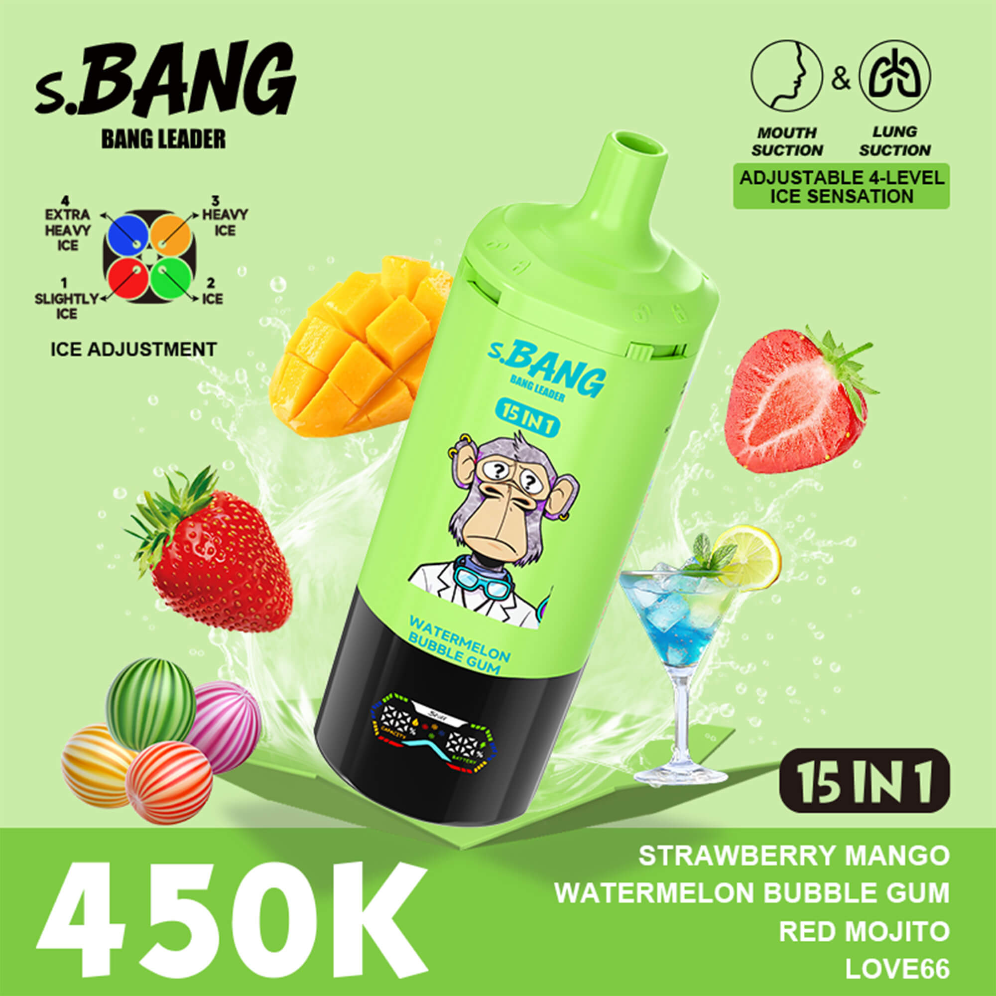 Bright green S.BANG Bang Leader bottle with fruit imagery (strawberries, mango) and text about 15 in 1, 4.50K, and flavor names.