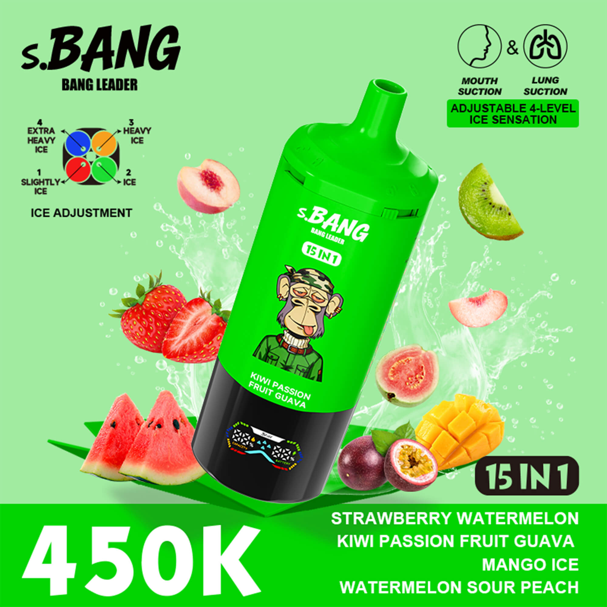 Bright green S.BANG Bang Leader bottle tilted with fruit graphics (watermelon, kiwi, mango, strawberry) and “4.50K” price text; shows ice and mouth/lung suction icons and flavor list.
