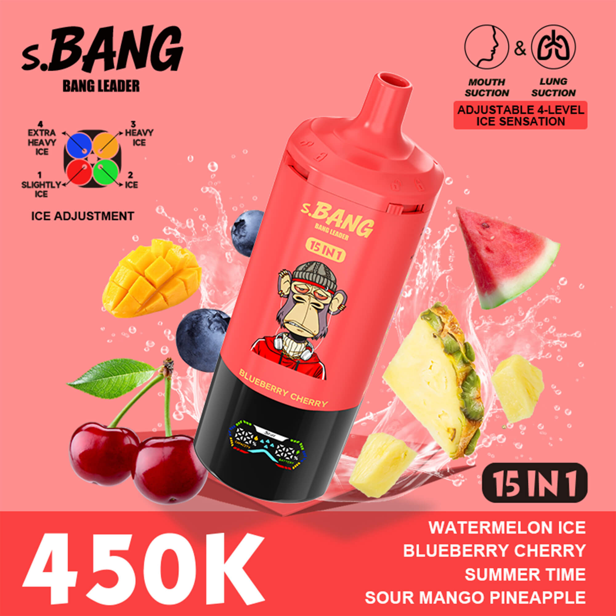 S.BANG Bang Leader bottle with watermelon ice and fruit pieces, cherry graphics, and 4-level ice sensation labels on a pink background.