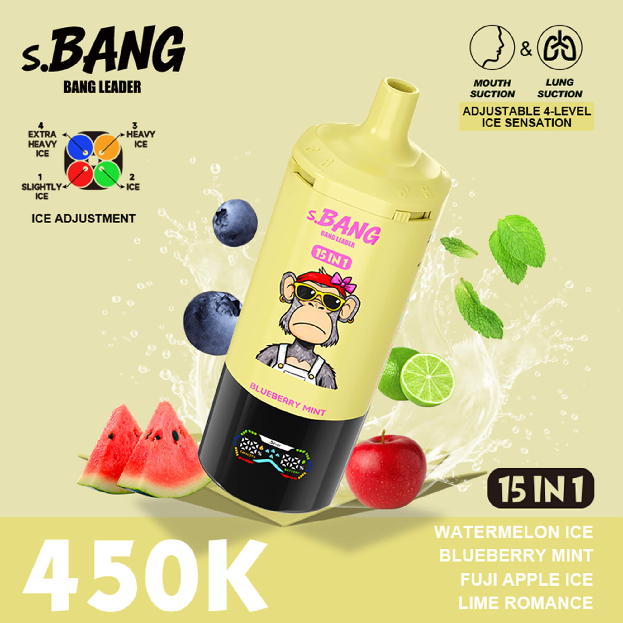 S.BANG Bang Leader bottle tilted, yellow with monkey graphic, surrounded by watermelon slices, blueberries, lime halves, mint leaves, and a beige background with promotional text and ice-cream splash.